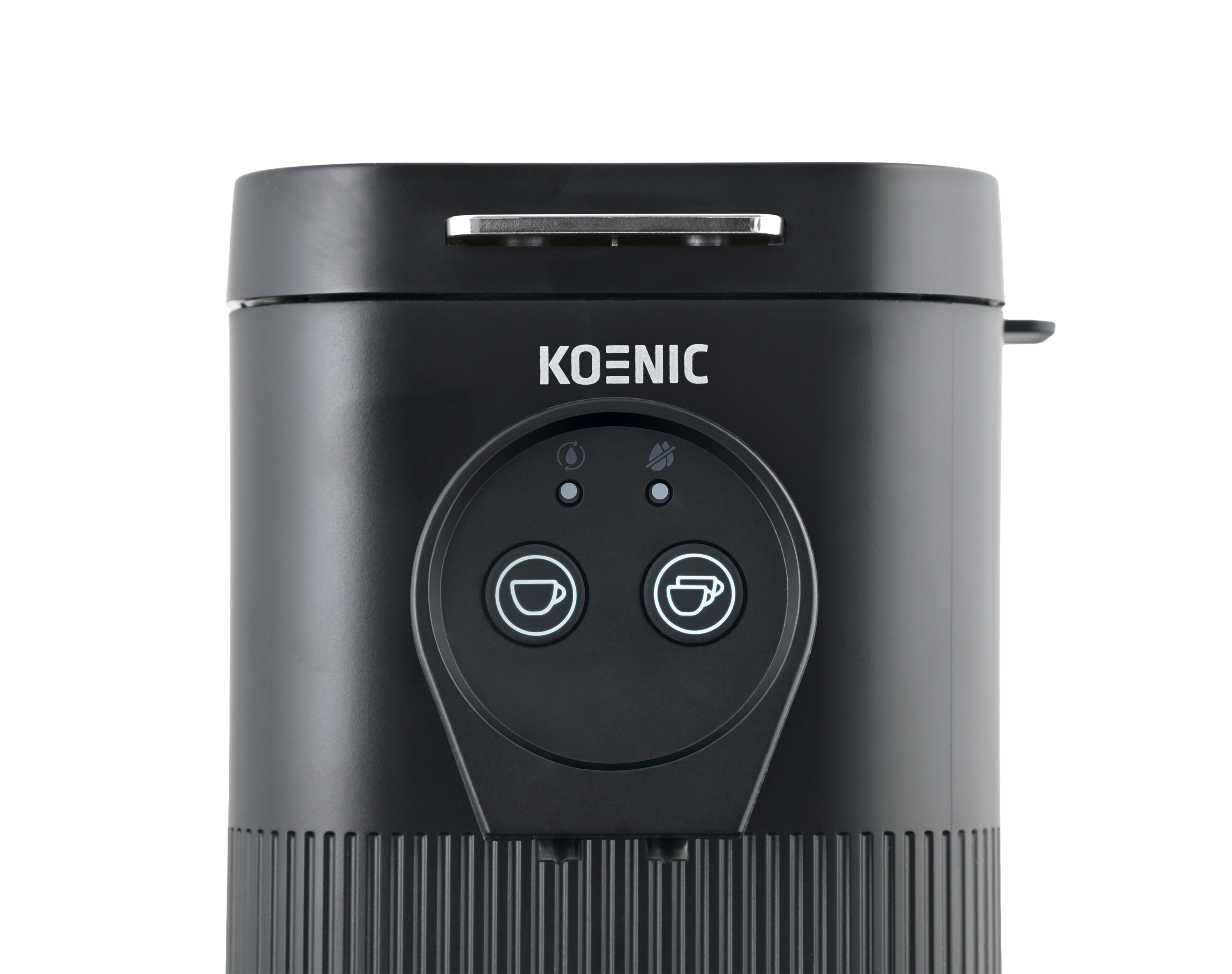 Schwarze Koenic-Kaffeemaschine mit zwei beleuchteten Tasten für Tassen auf schwarzem Hintergrund.