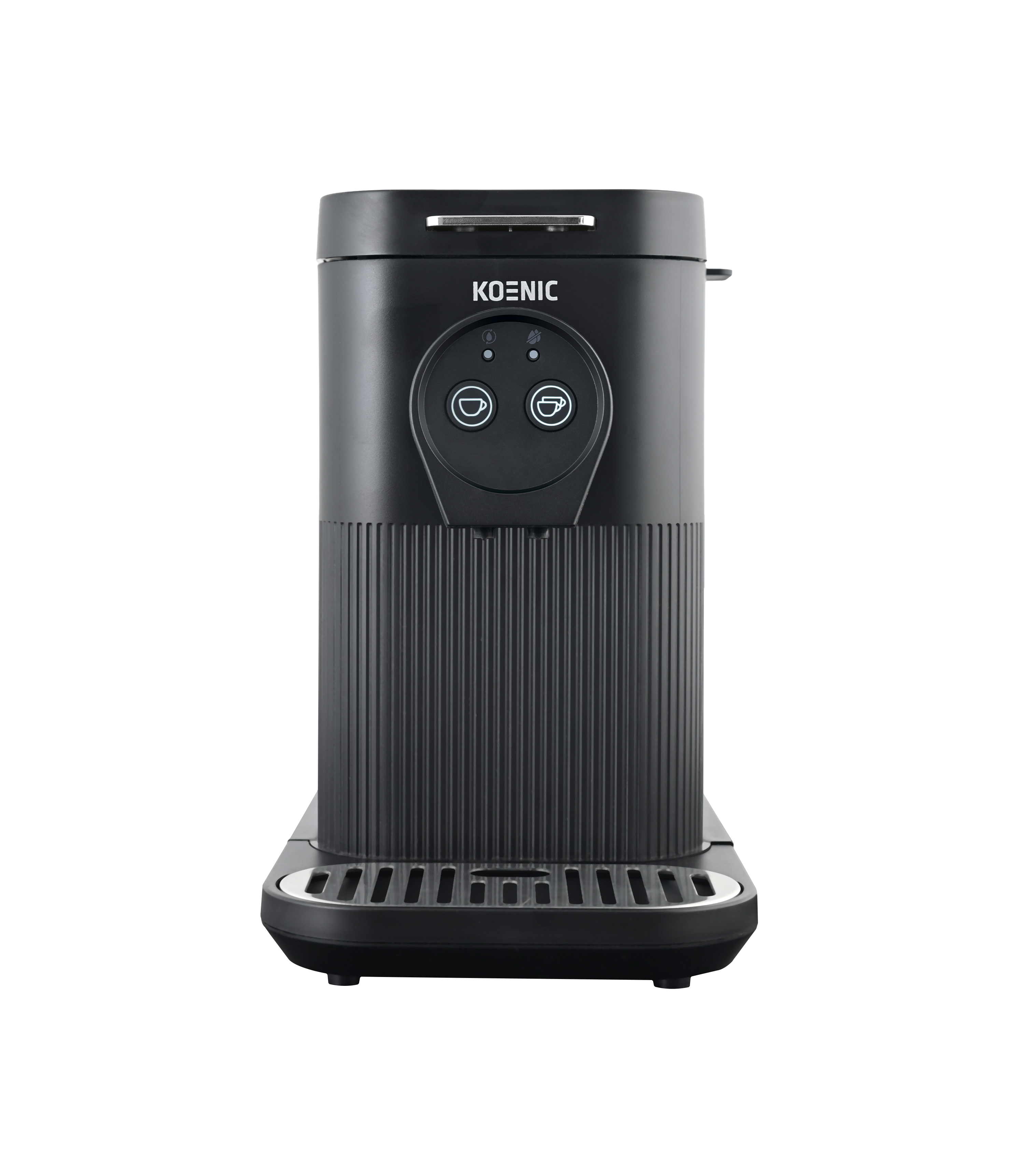 Eine schwarze Koenic-Kaffeemaschine mit vertikalen Rillen, zwei beleuchteten Tassentasten und einer Tropfschale.