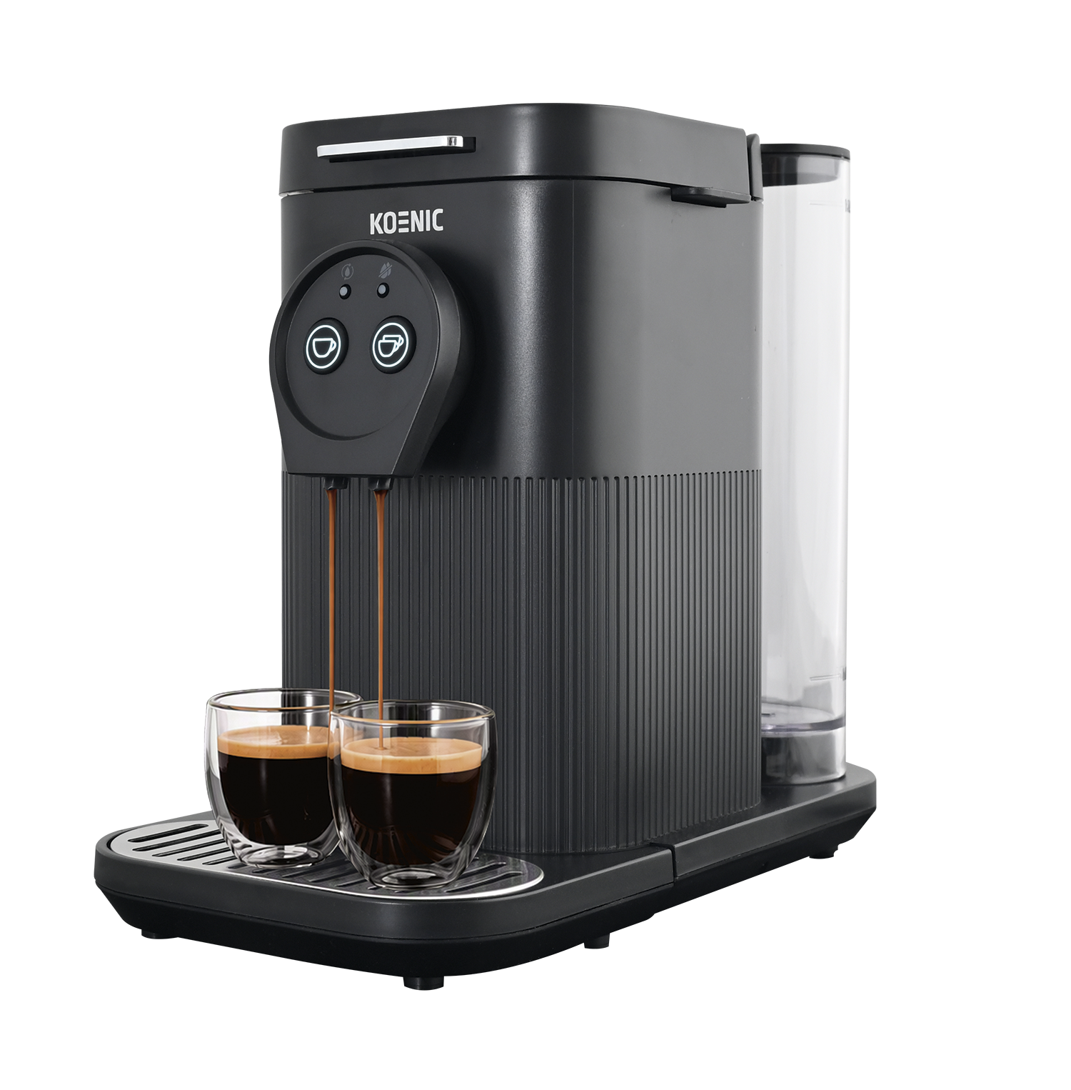 Schwarze Koenic-Kaffeemaschine giesst frischen Espresso in zwei Glastassen auf schwarzem Hintergrund.