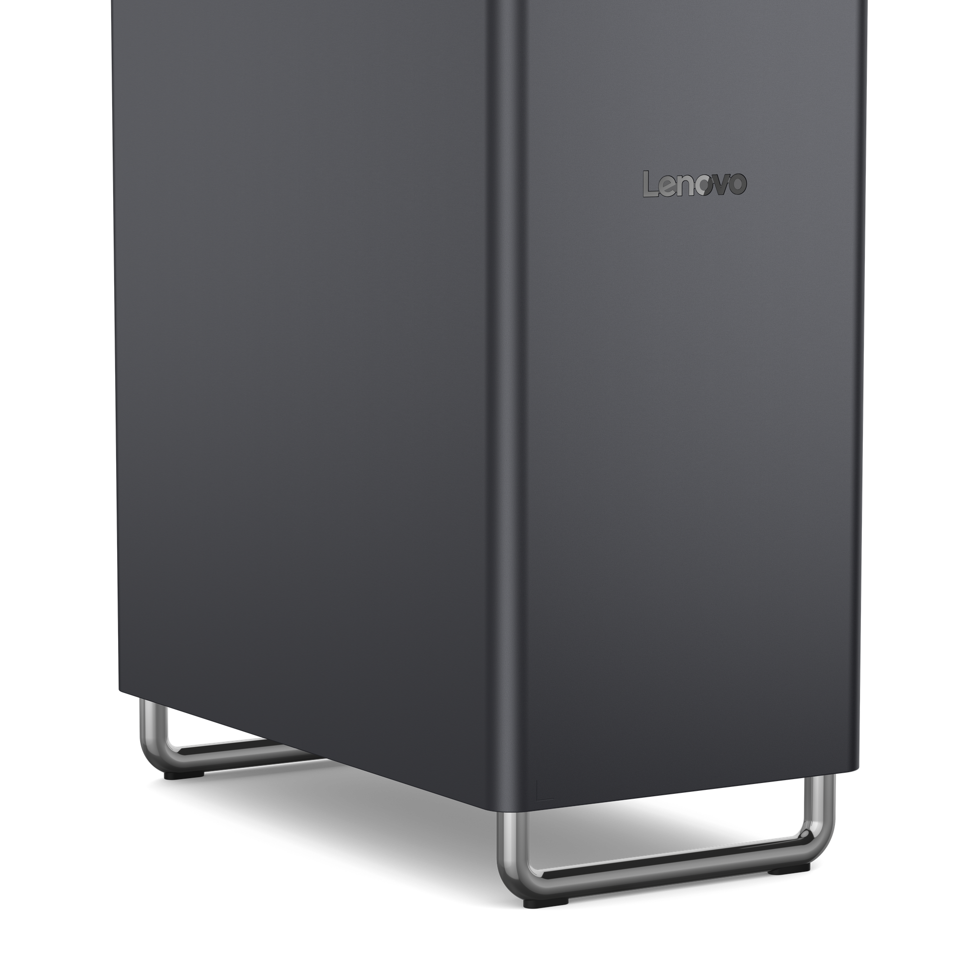Dunkelgraues Lenovo-Gehäuse auf gebogenen Metallbeinen vor schwarzem Hintergrund.