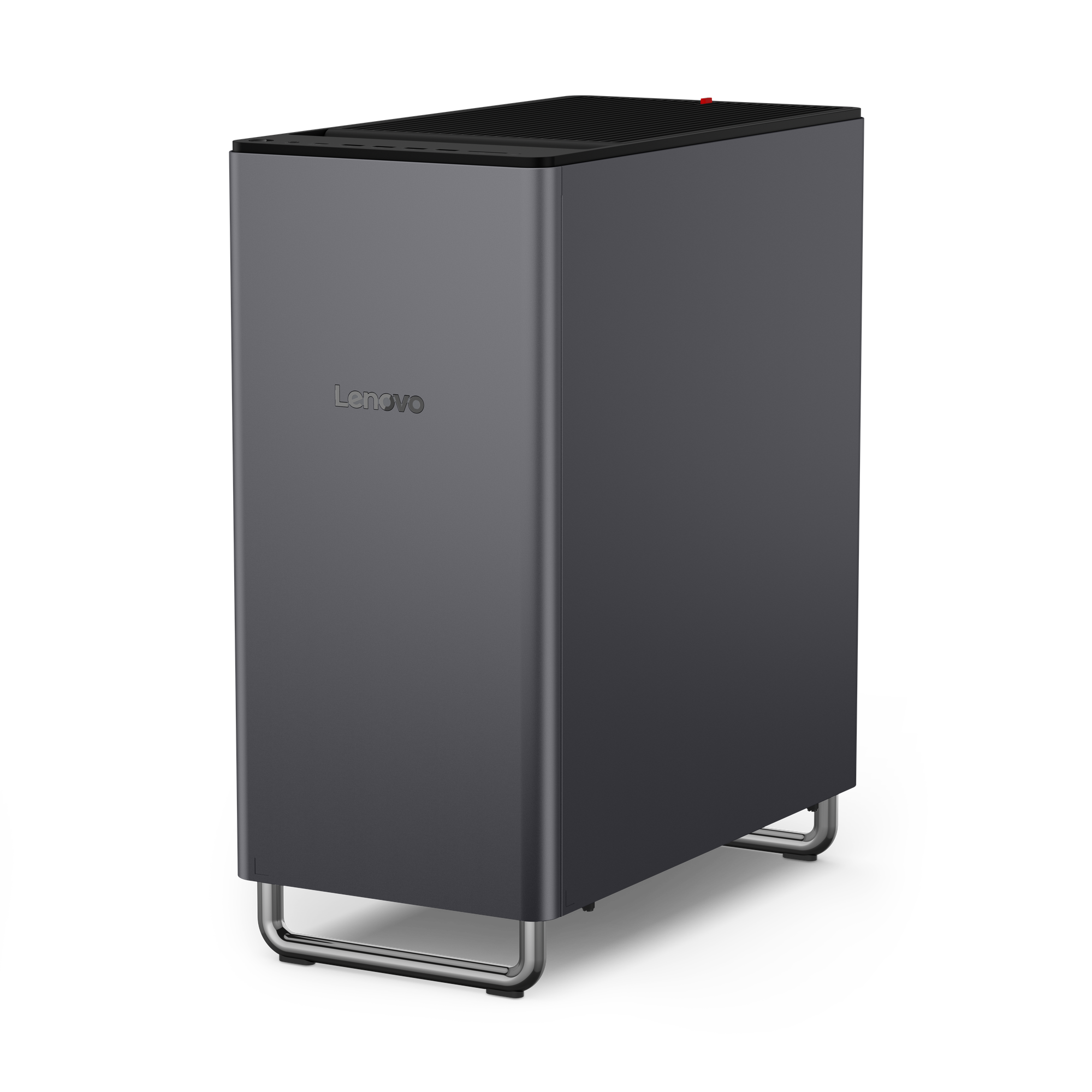 Ein grauer Lenovo-Desktop-PC mit abgerundeten Kanten und silbernen U-förmigen Standfüßen vor schwarzem Hintergrund.
