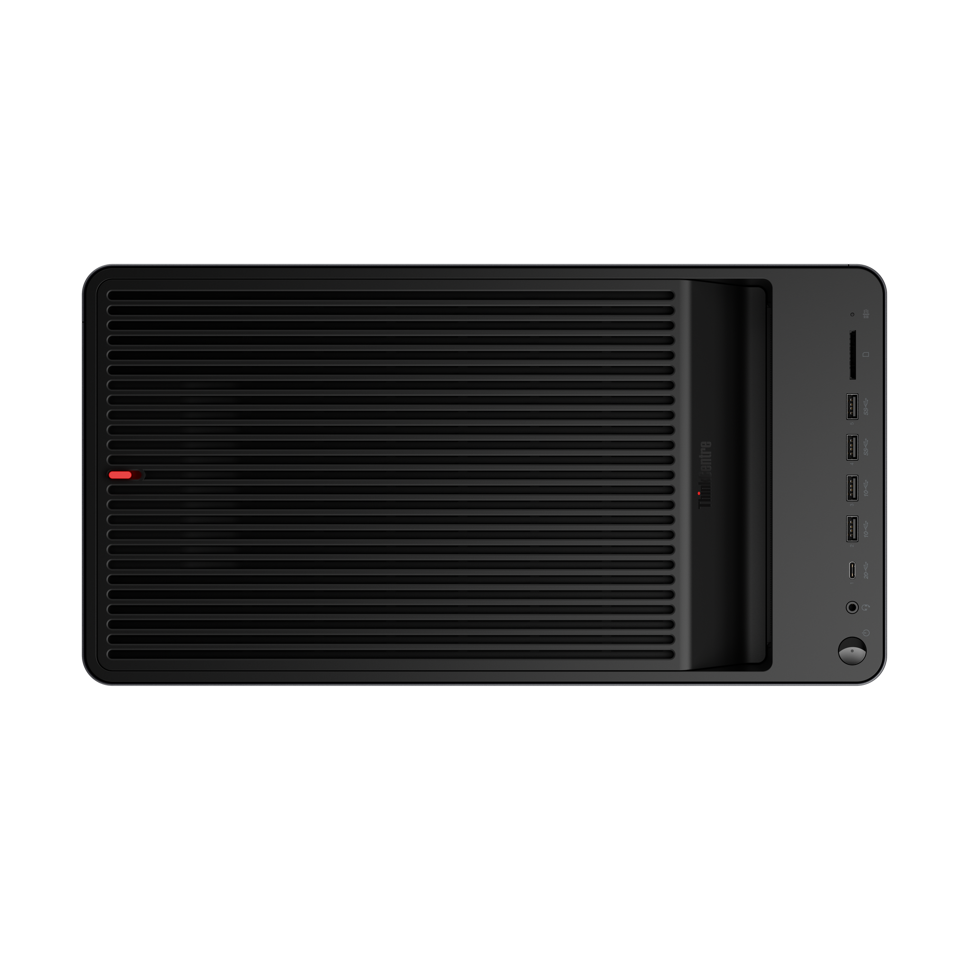 Schwarzes ThinkCentre PC-Gehäuse mit geripptem Lüftungsgitter und Frontanschlüssen auf schwarzem Hintergrund.
