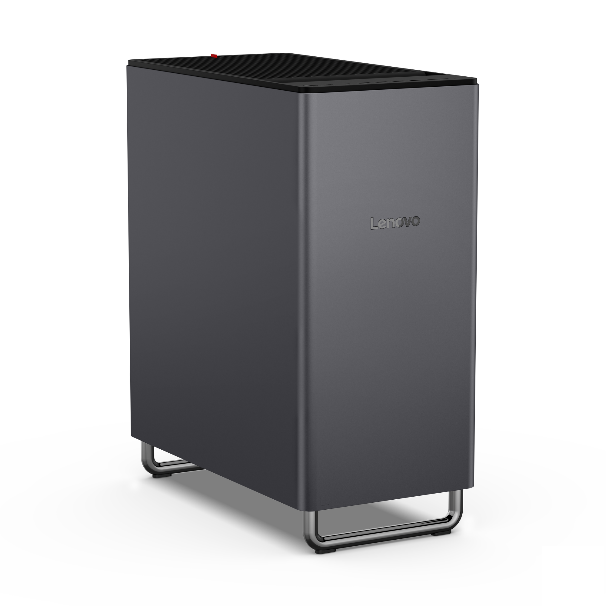 Ein grauer Lenovo-Computer-Tower mit U-förmigen Metallbeinen auf schwarzem Hintergrund.