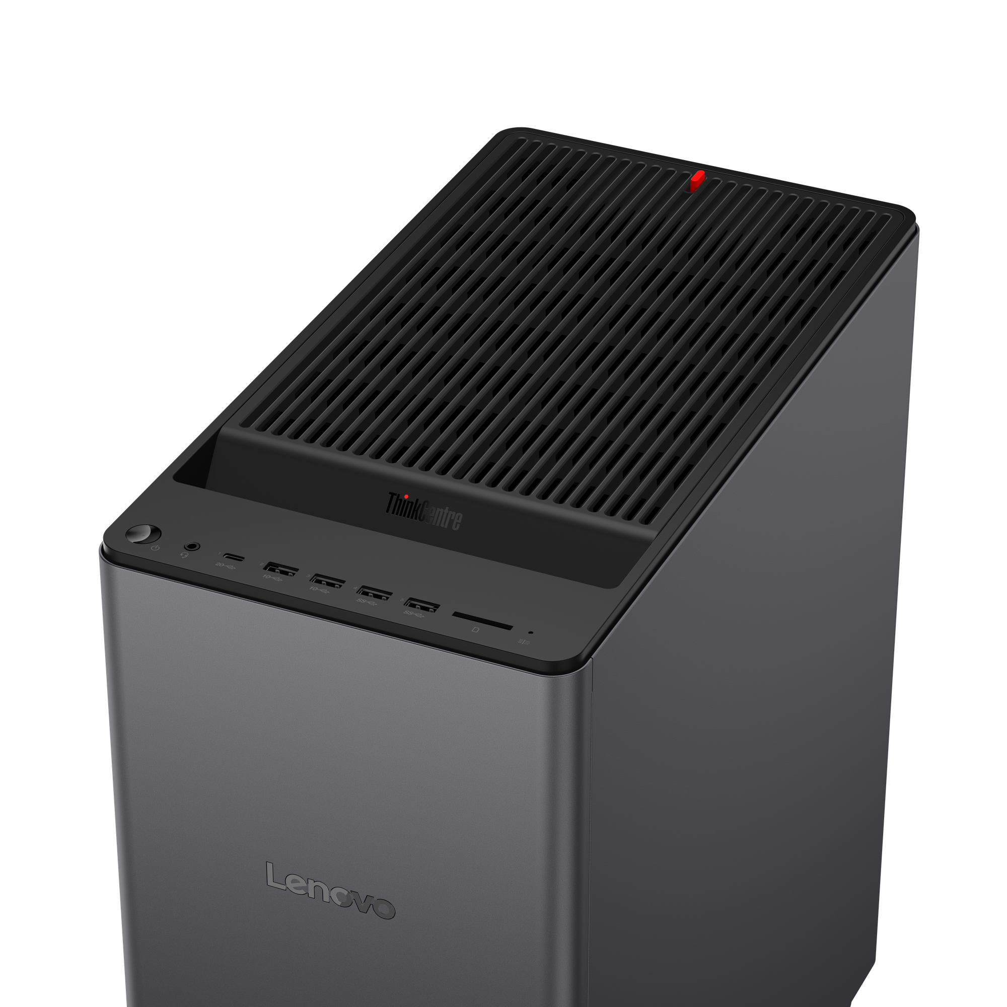 Ein grauer Lenovo ThinkCentre Desktop-PC mit gerippter Oberseite und Frontanschlüssen vor schwarzem Hintergrund.