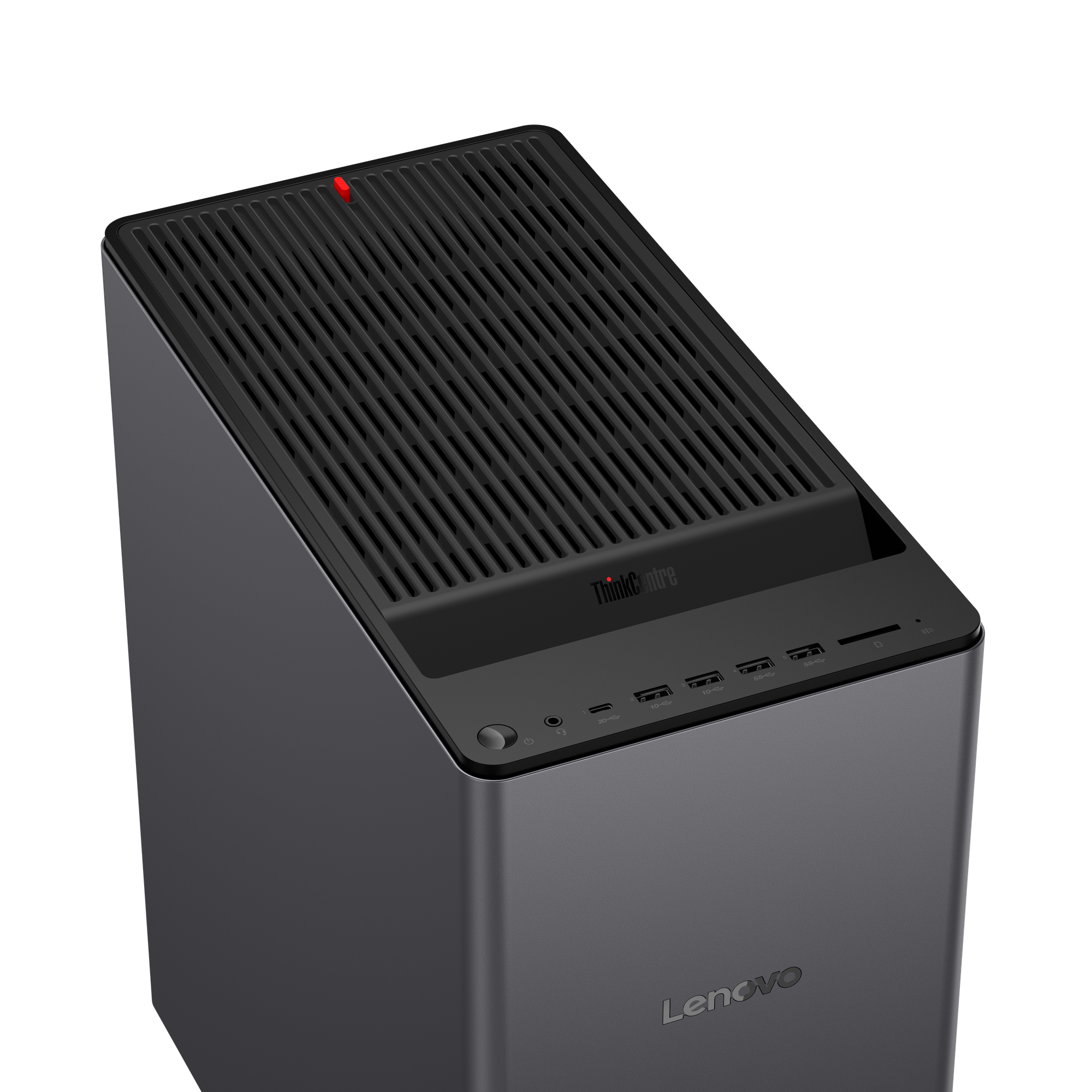 Lenovo ThinkCentre PC-Gehäuse in Grau mit gerippter Oberseite und vorderen Anschlüssen.