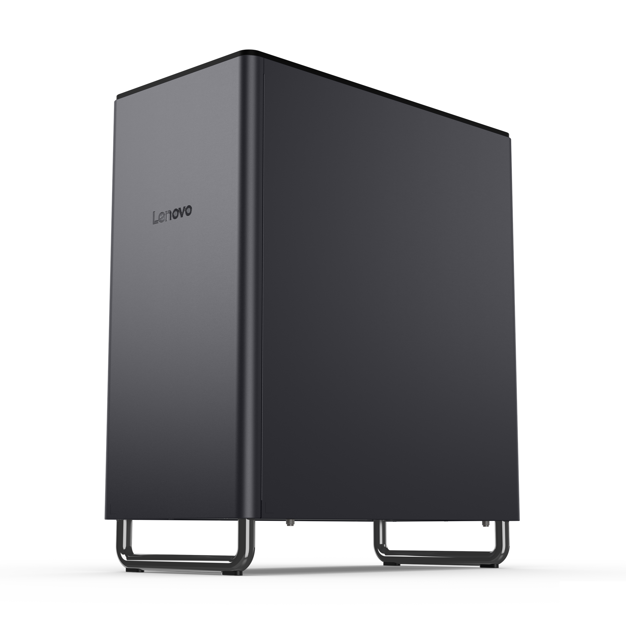 Ein grauer Lenovo-Computergehäuse mit schlankem Design steht auf U-förmigen Metallbeinen vor schwarzem Hintergrund.