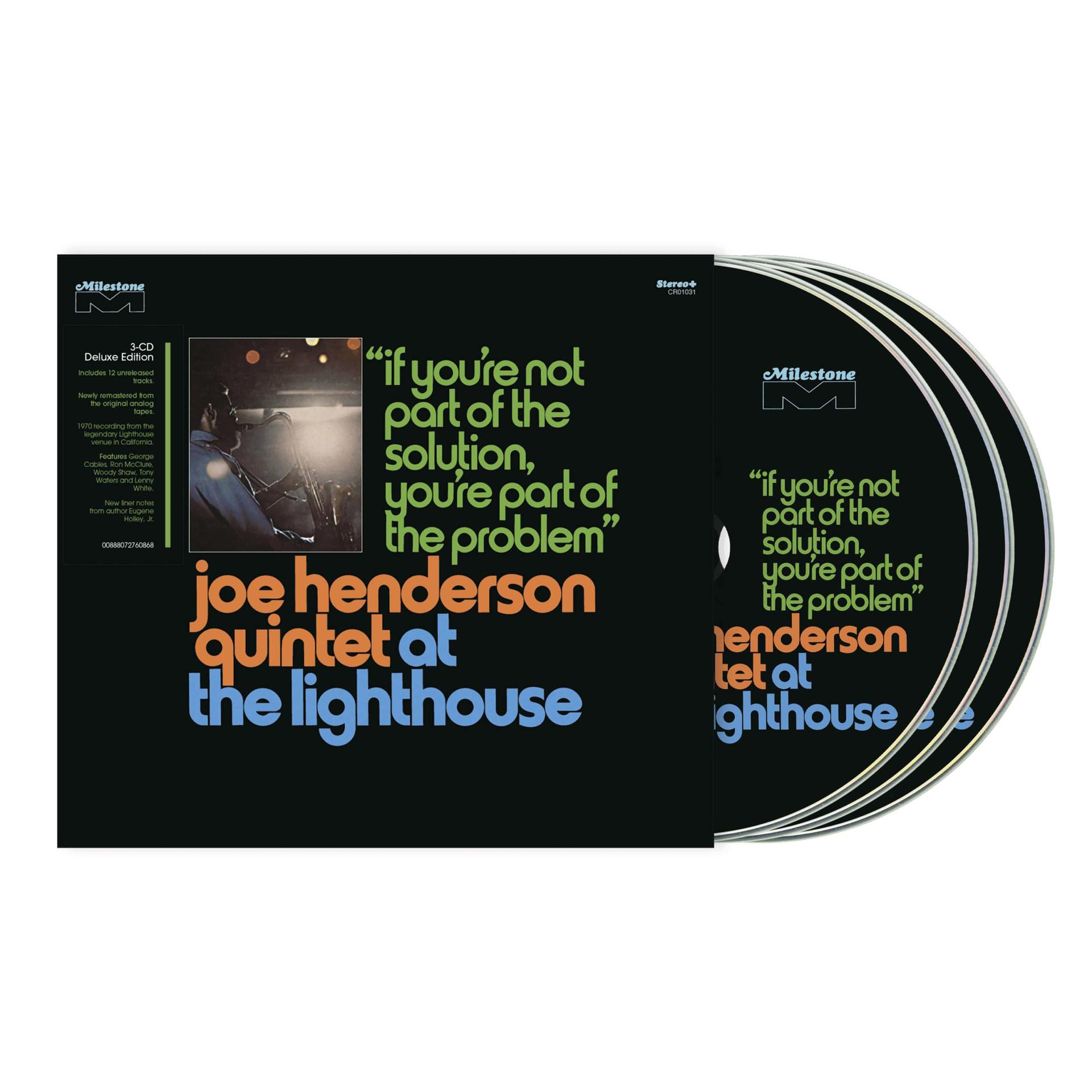 CD-Album-Cover von Joe Henderson Quintet at the Lighthouse, schwarzes Design mit grüner, orangefarbener und blauer Schrift.
