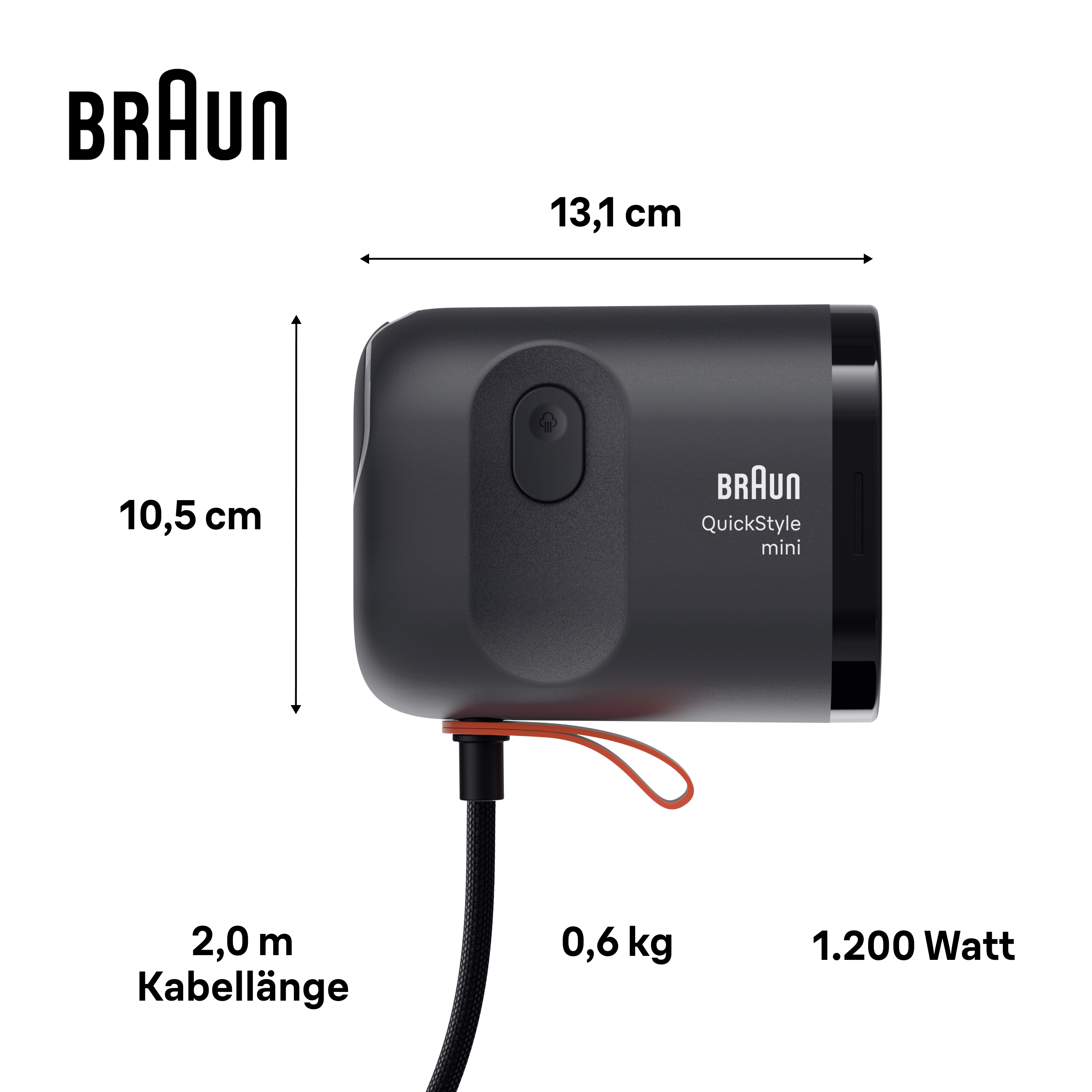 Maße, Gewicht und Leistung des dunkelgrauen Braun QuickStyle mini Hand-Dampfglätters.
