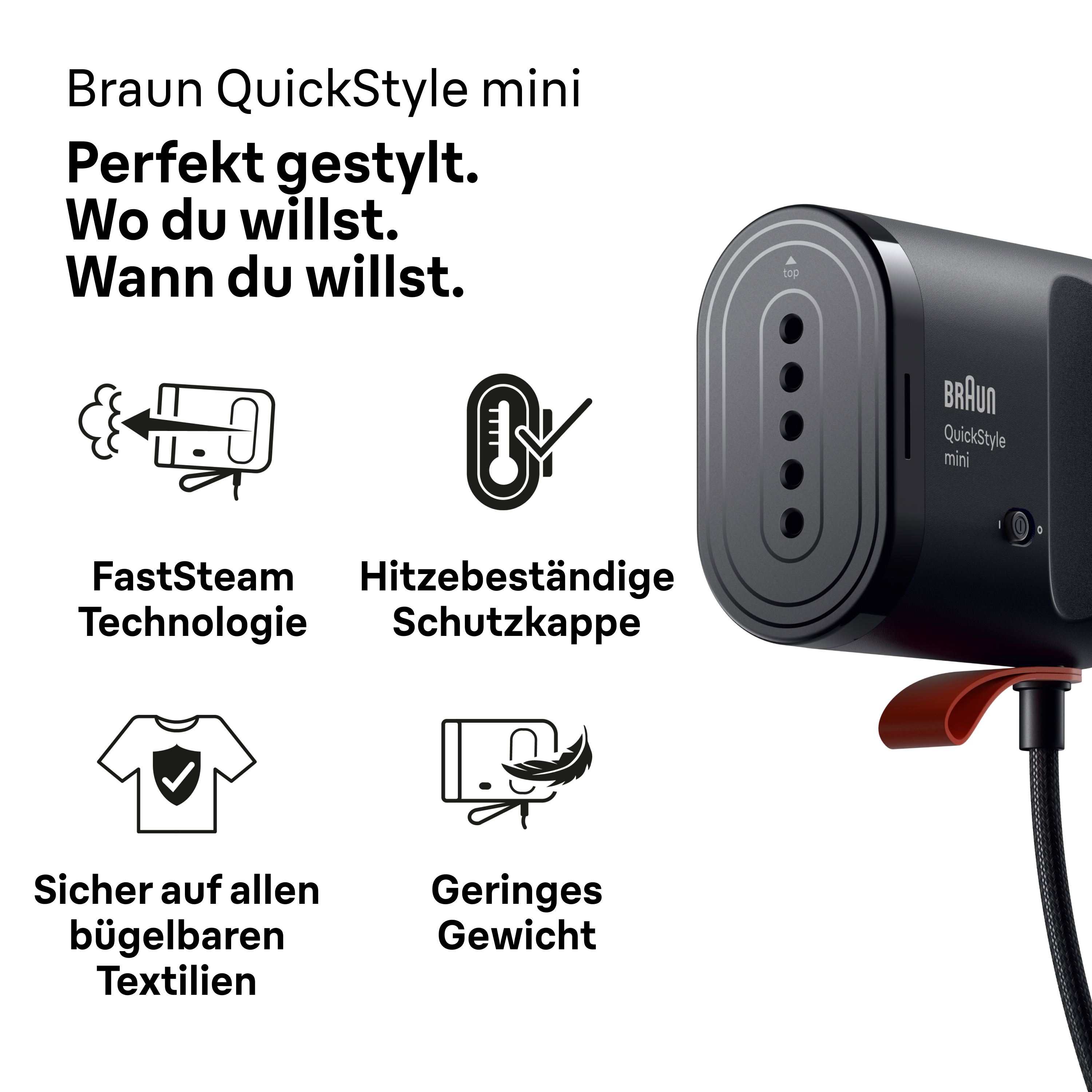 Braun QuickStyle mini Dampfbürste mit vier Icon-Funktionen und Textbeschreibung.