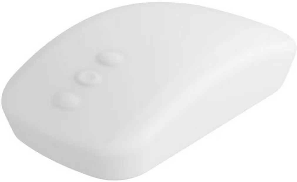 Un appareil électronique blanc et incurvé avec trois boutons sur le dessus, sur fond blanc.