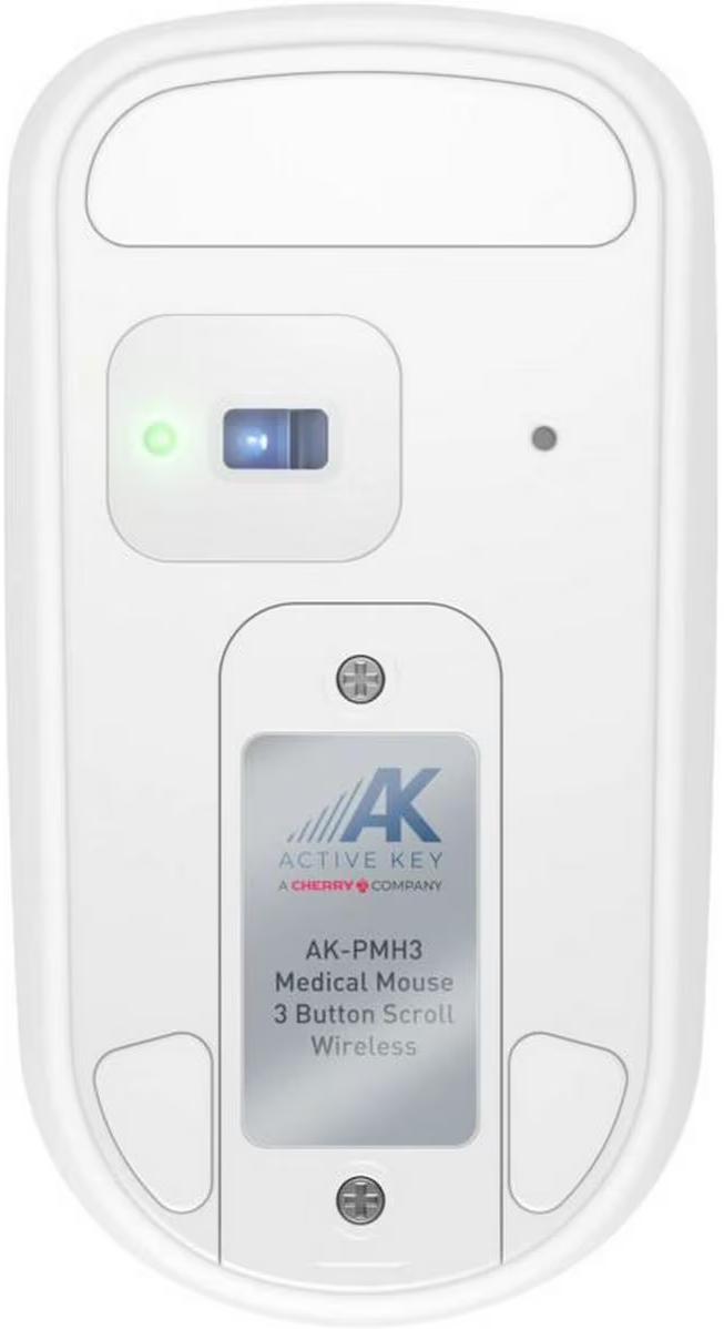 Vue de dessous d'une souris sans fil médicale blanche Active Key AK-PMH3 avec capteur optique.