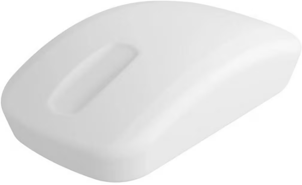 Une souris d'ordinateur blanche et lisse au design minimaliste sur fond clair.