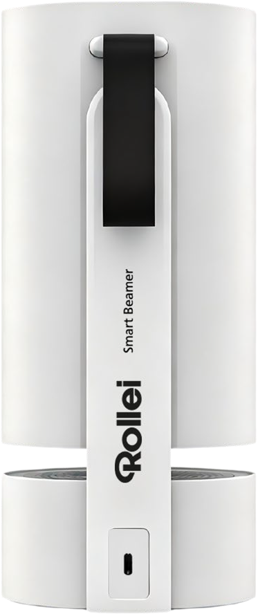 Weißer tragbarer Rollei Smart Beamer mit vertikalem schwarzem Griff vor weißem Hintergrund.