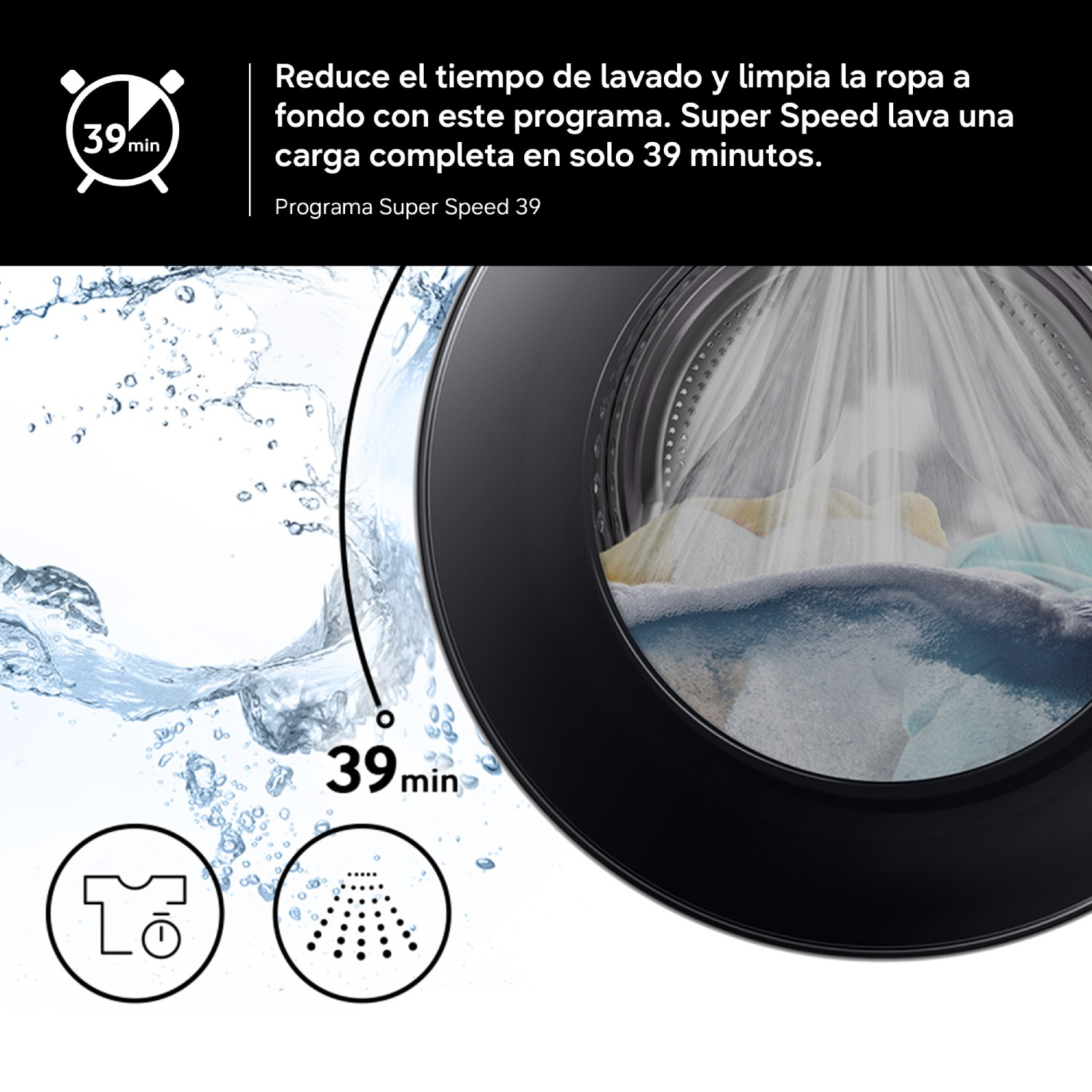 Una lavadora lava la ropa en 39 minutos con un potente chorro de agua.