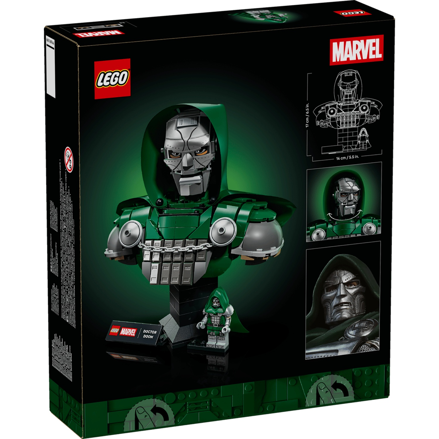 Buste et figurine LEGO Marvel Docteur Doom en vert et gris sur emballage noir.
