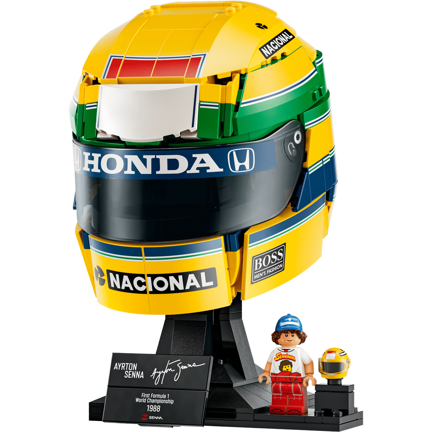 Réplique Lego du casque de course d'Ayrton Senna, jaune et vert avec logos, sur support avec figurine.