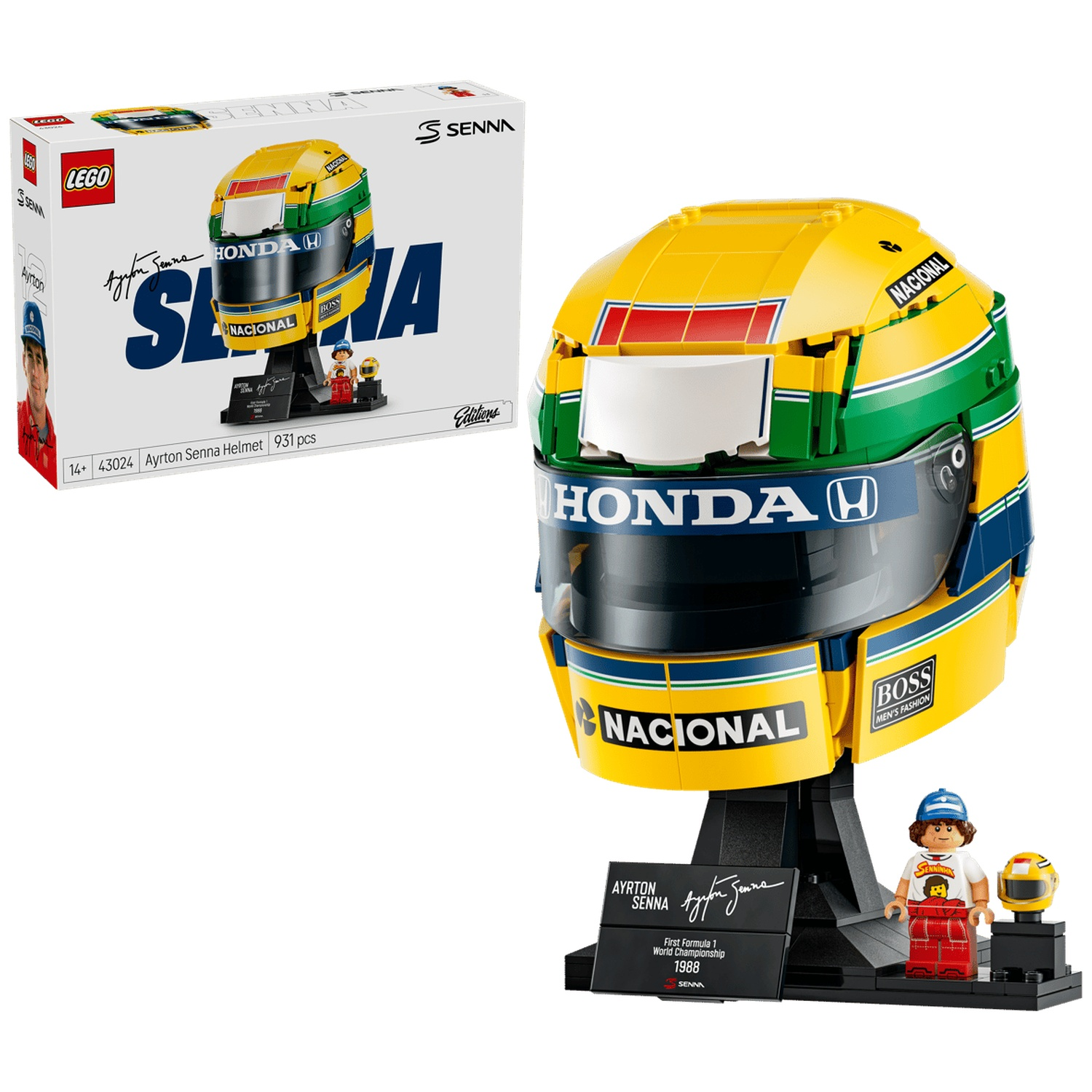 Modèle Lego du casque d'Ayrton Senna jaune, vert et bleu avec présentoir, figurine et boîte.
