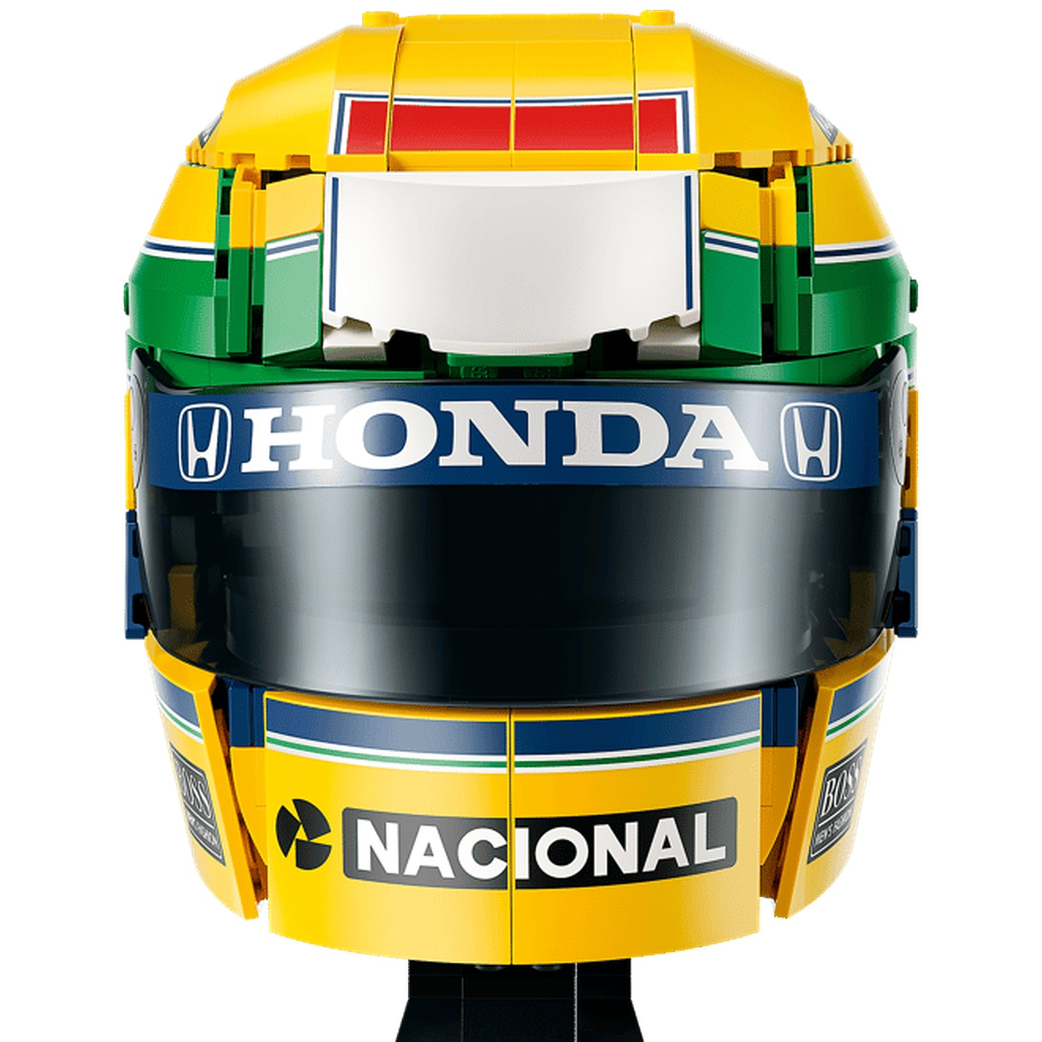 Un casque de course Lego jaune, vert et bleu avec visière Honda.