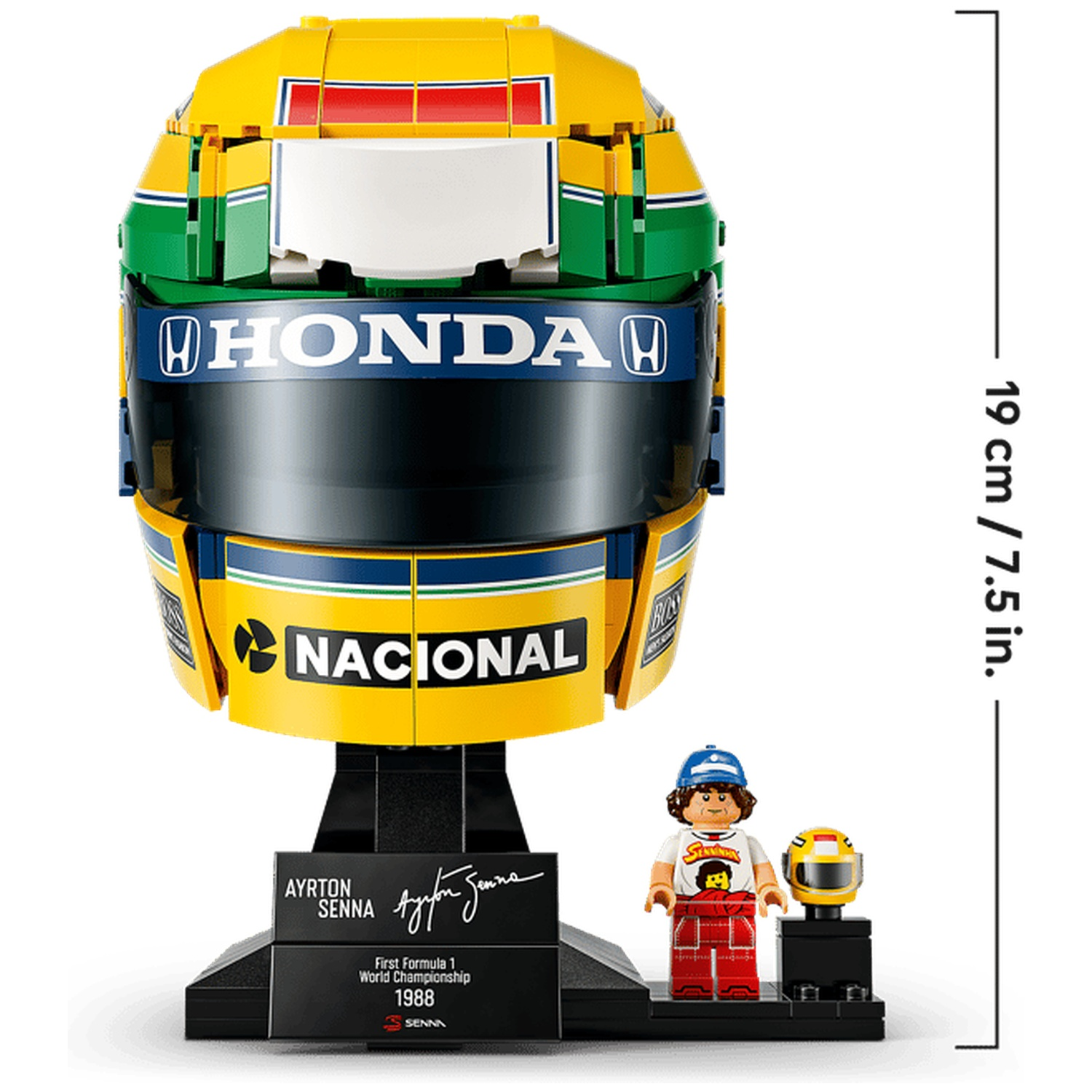 Modèle de casque Lego Ayrton Senna avec support et figurine, 19 cm de haut.