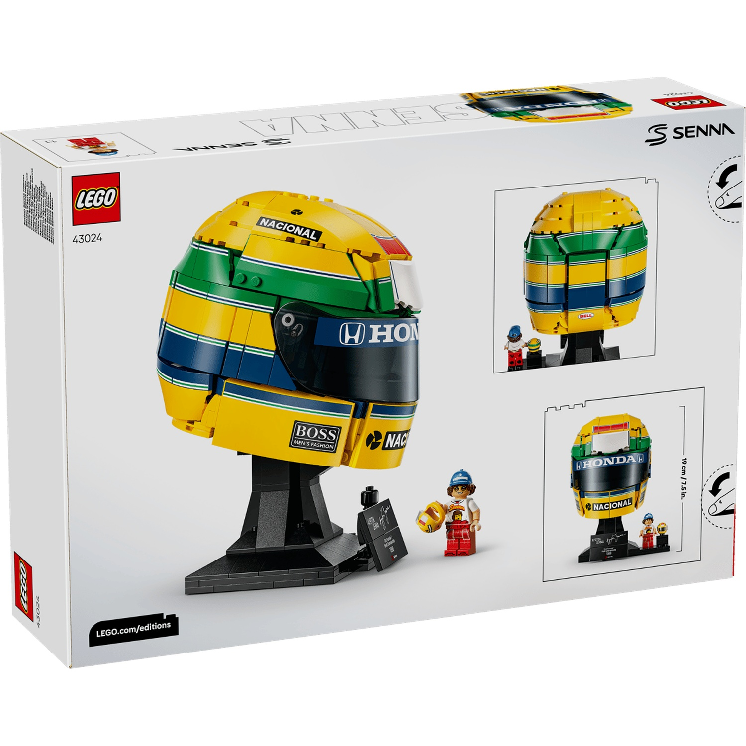 Boîte LEGO montrant un casque Senna sur support et une petite figurine sur fond blanc.