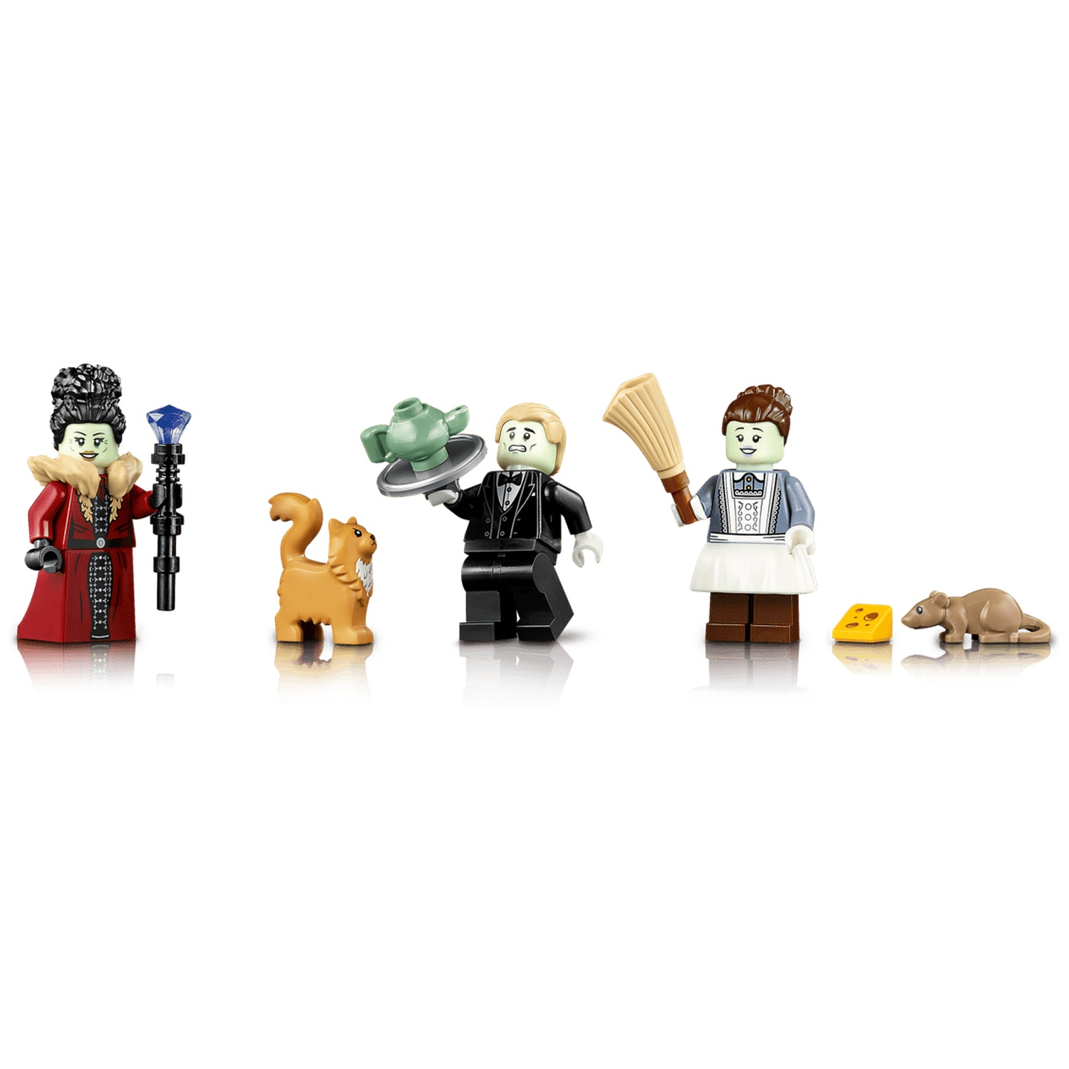 Lego minifigures include a woman with scepter, cat, butler, maid, cheese, and a mouse on a white background.