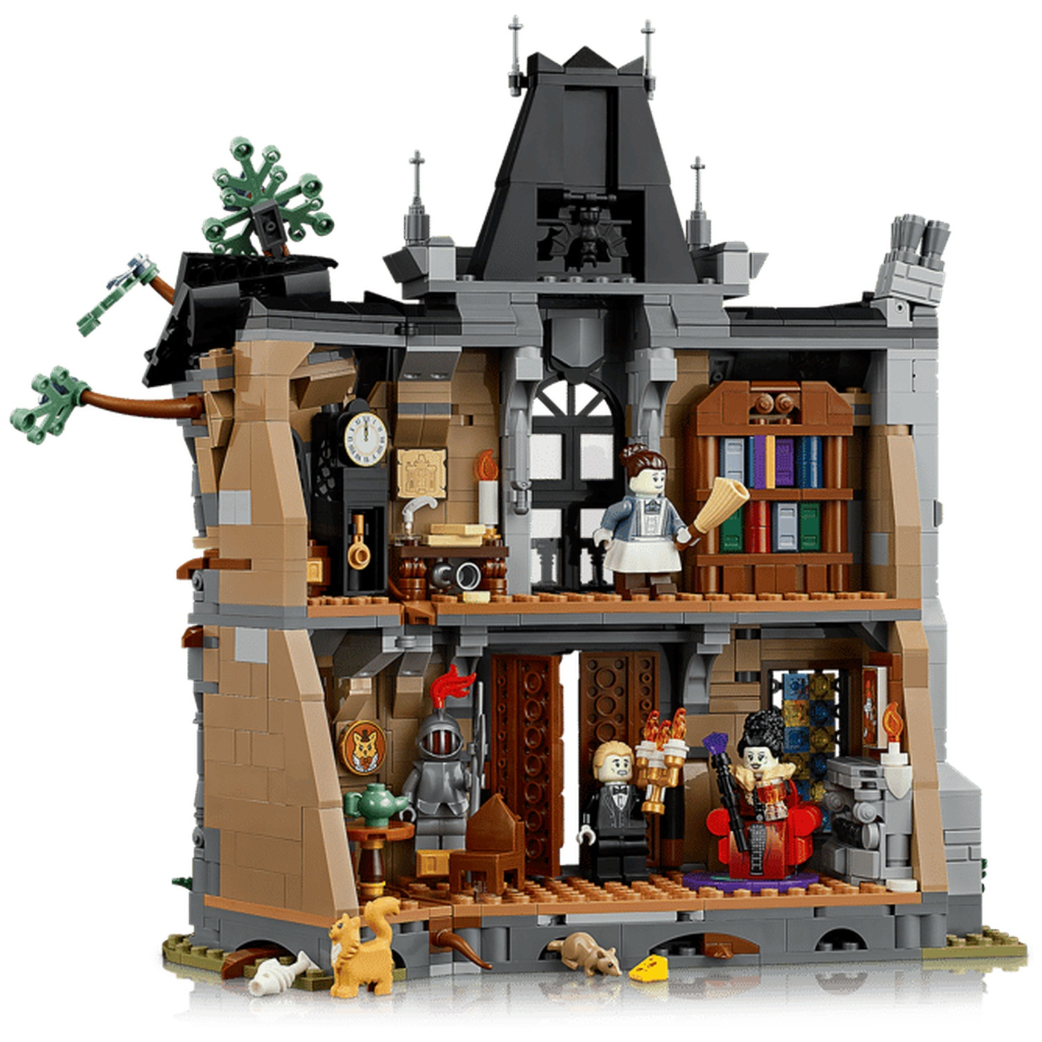 A detailed Lego set of a spooky two-story haunted house with minifigures, furniture, and creepy details.