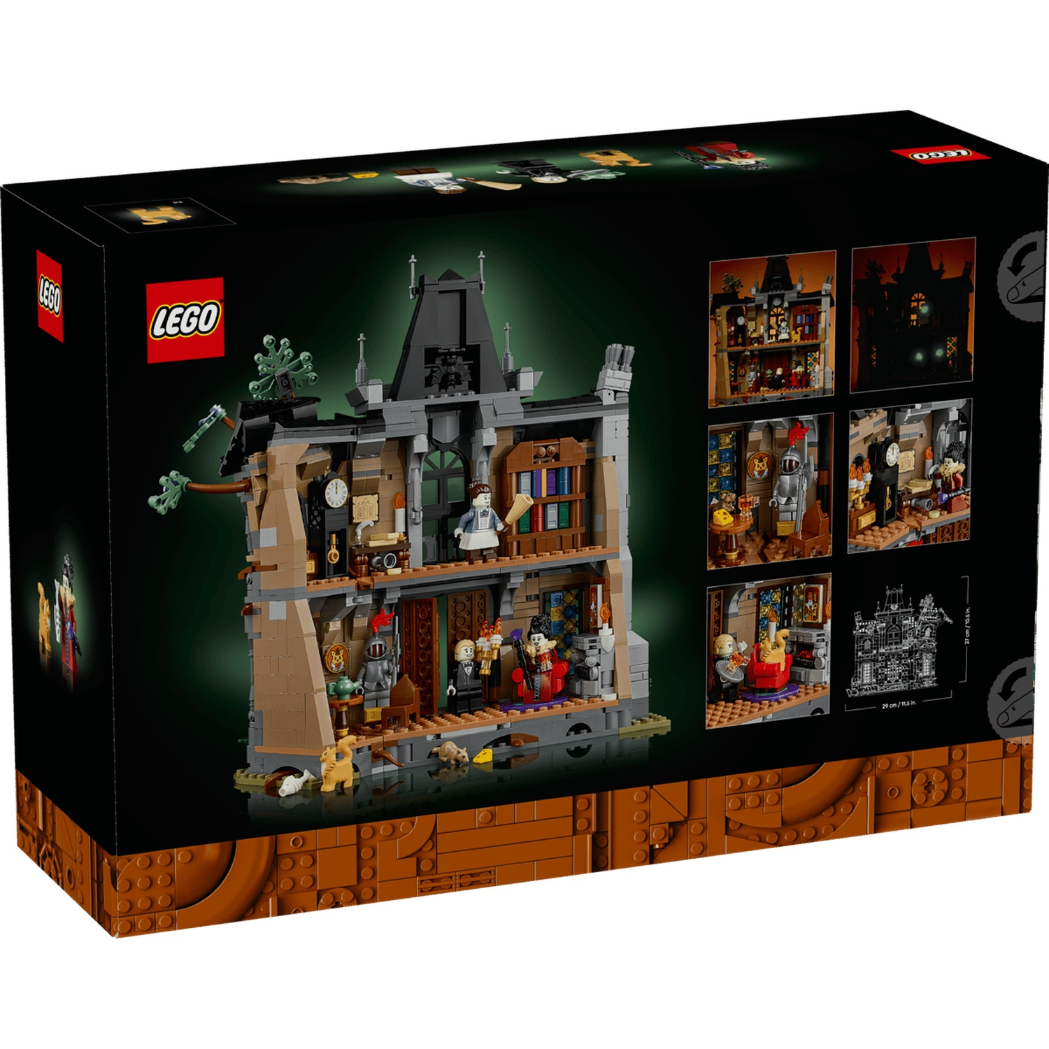 Lego box displaying a detailed multi-level haunted castle set with minifigures, furniture, and glowing elements.
