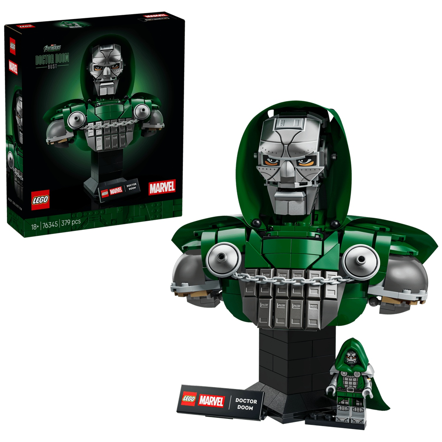 Buste Lego Marvel Doctor Doom avec emballage et figurine.