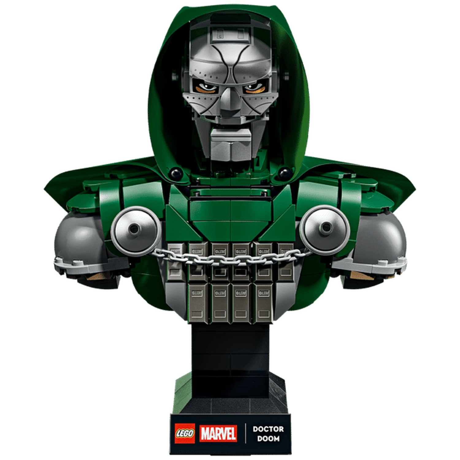 Buste Lego Marvel Doctor Doom avec cape verte et masque argenté sur socle noir.
