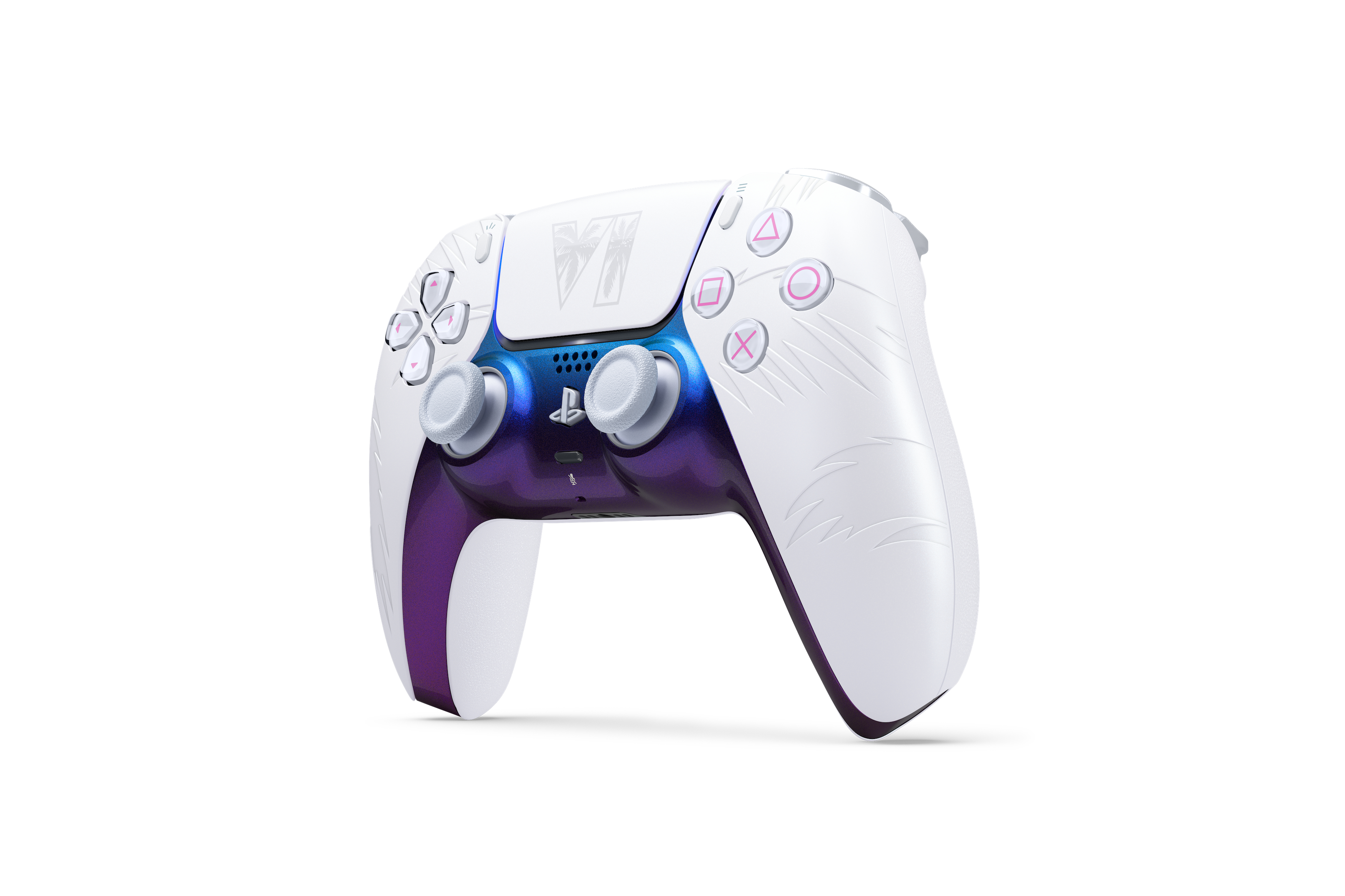 Ein weiß-lilaner PlayStation 5 Controller mit blauen Farbverläufen und speziellen Grafiken auf weißem Hintergrund.