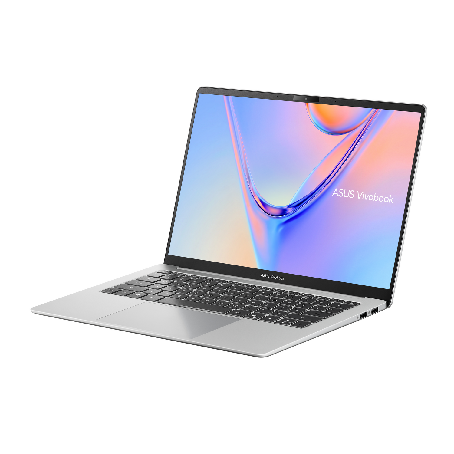 Una laptop ASUS Vivobook plateada con pantalla colorida sobre fondo blanco.