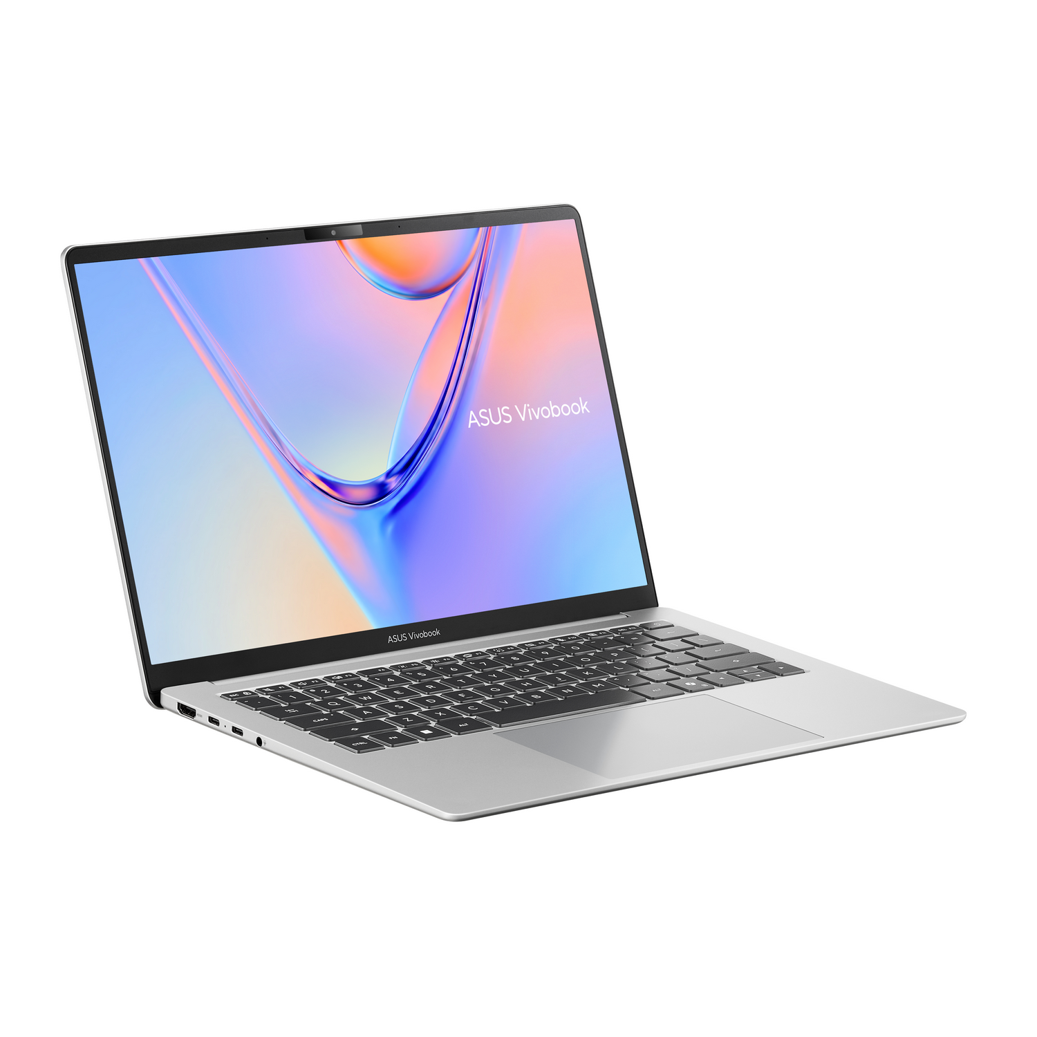 Un portátil plateado ASUS Vivobook abierto sobre fondo blanco, con su teclado y pantalla colorida.