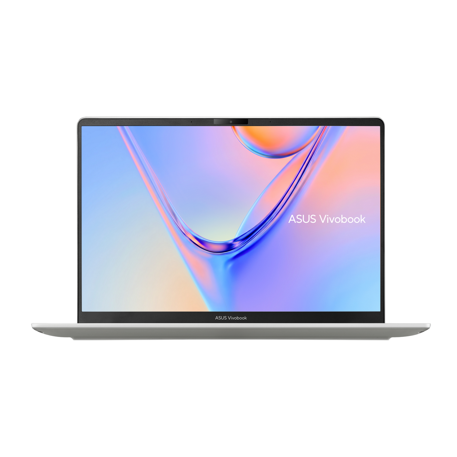 Vista frontal de una computadora portátil ASUS Vivobook plateada con un fondo abstracto colorido en su pantalla.
