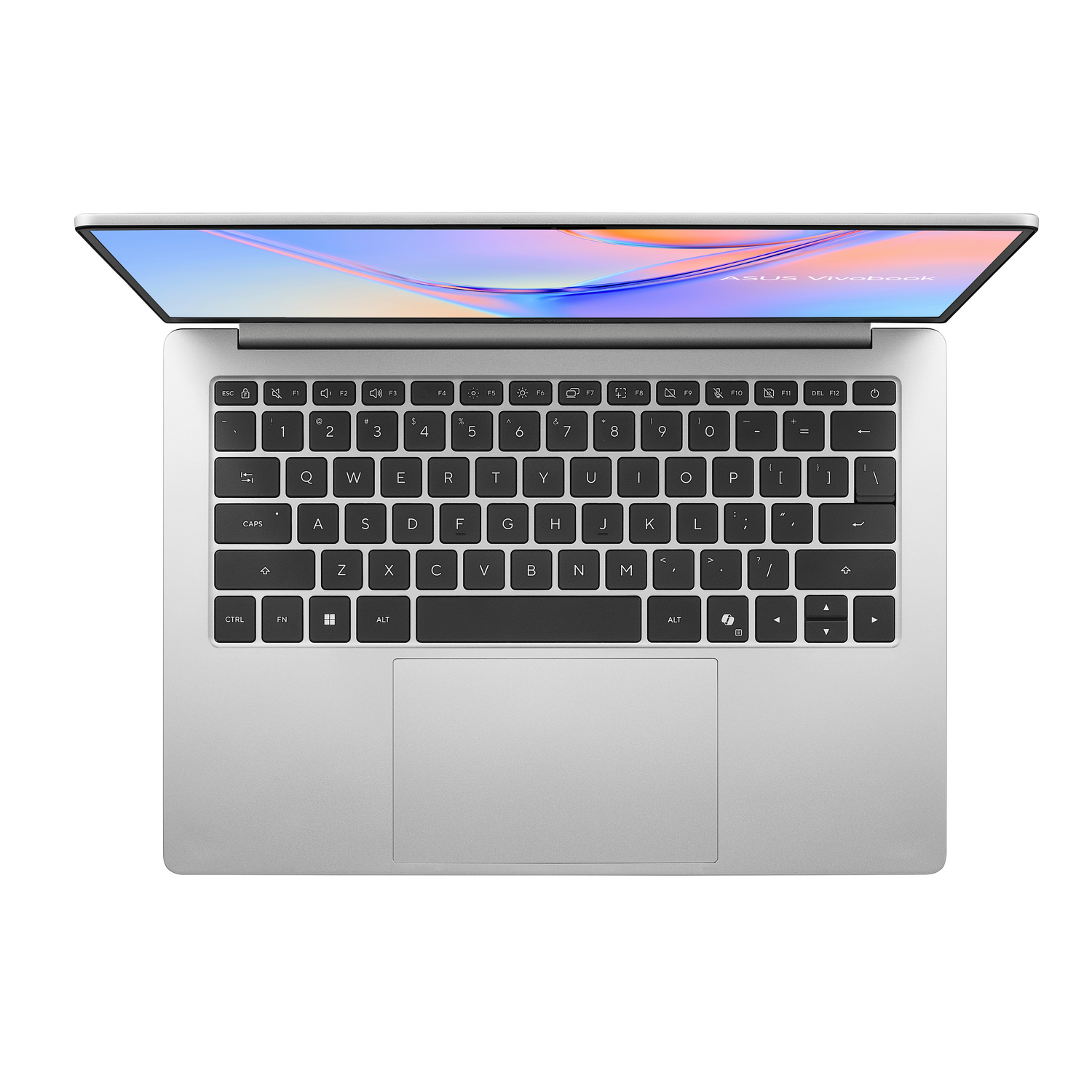 Vista superior de una laptop plateada abierta que muestra su teclado, panel táctil y pantalla colorida sobre fondo blanco.