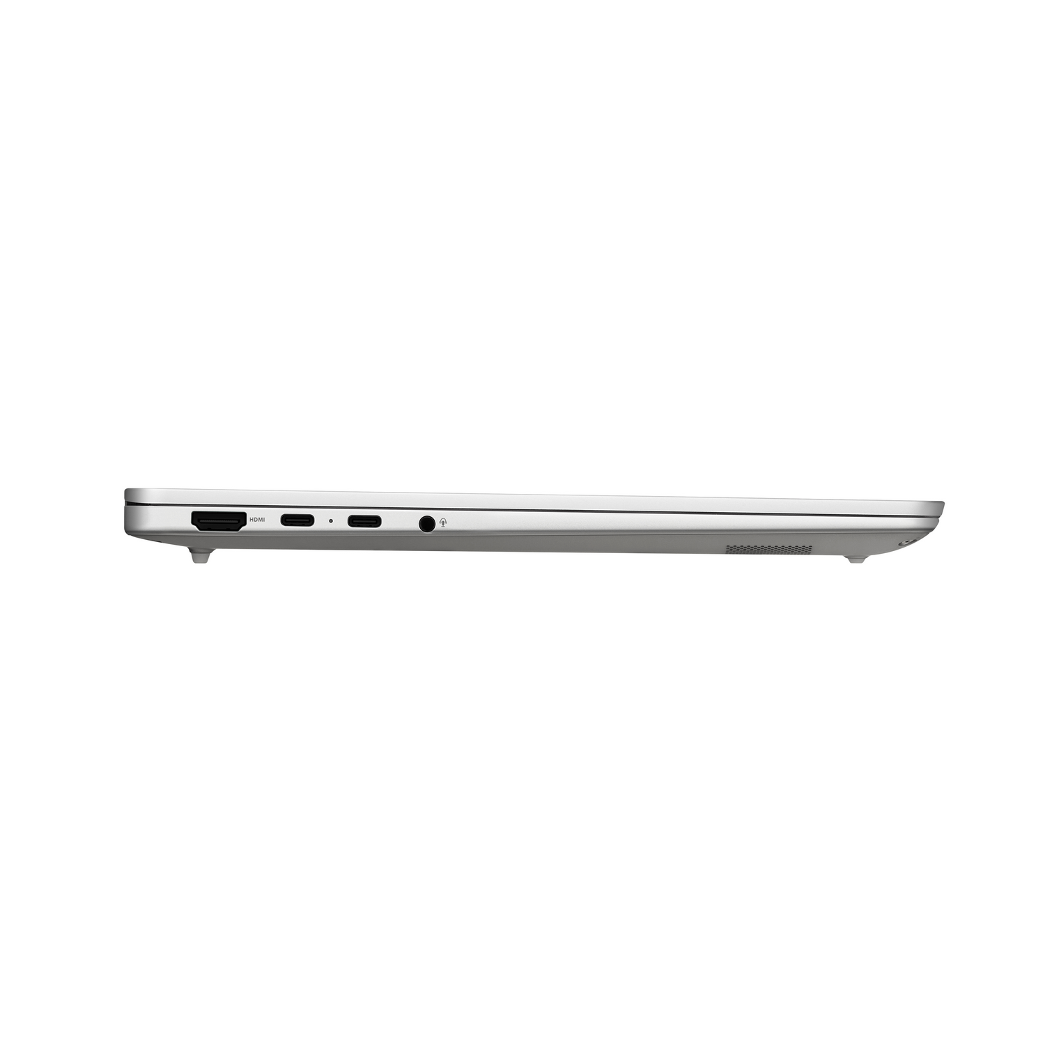 Vista lateral de un portátil plateado con puertos HDMI y USB-C sobre fondo blanco.
