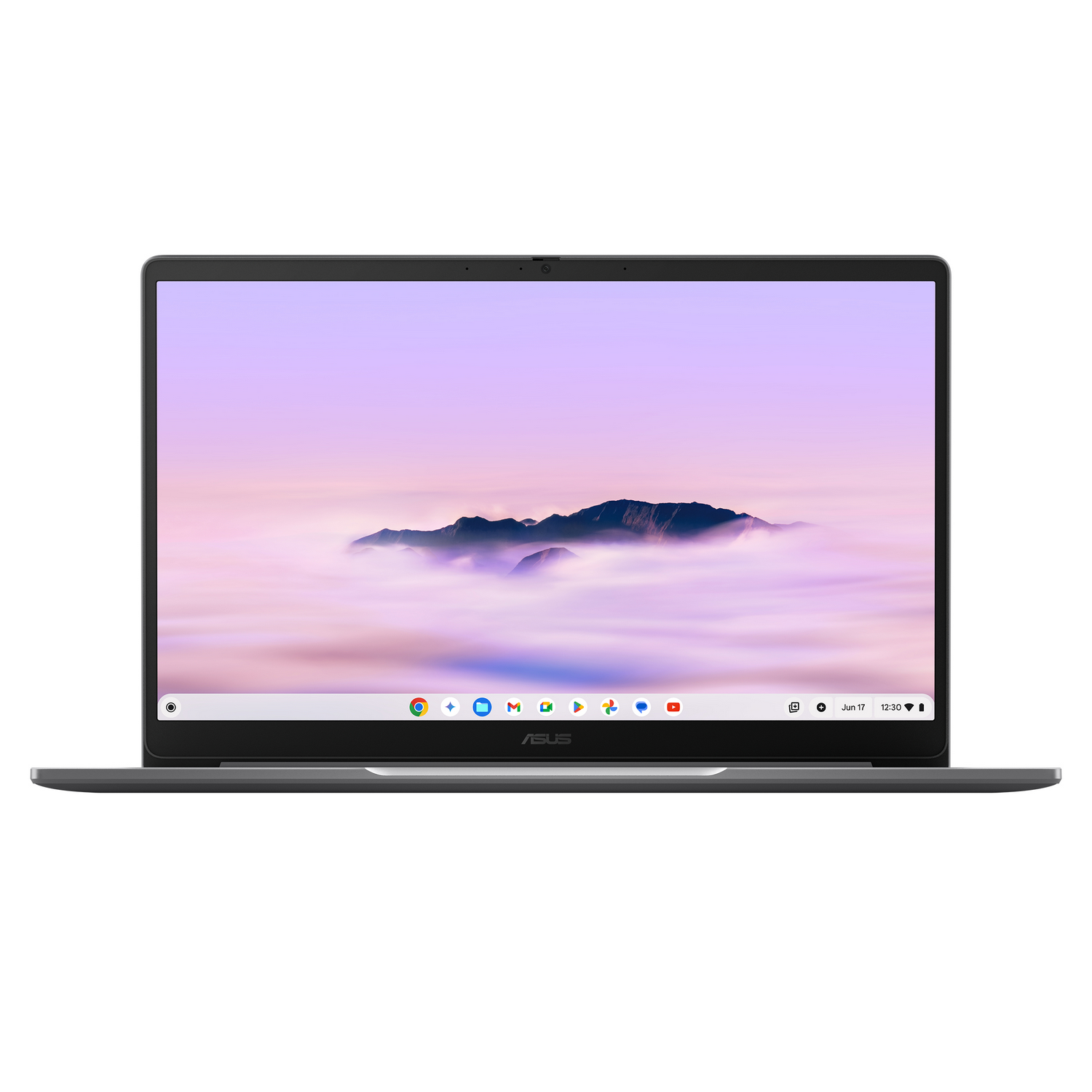 Un portátil ASUS Chromebook gris muestra un fondo de pantalla montañoso y una barra de aplicaciones.