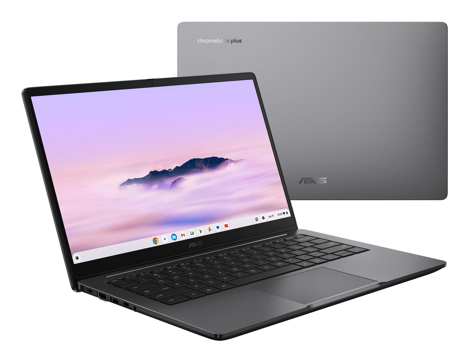 Portátil gris Asus Chromebook Plus mostrado de frente y espalda sobre fondo blanco.