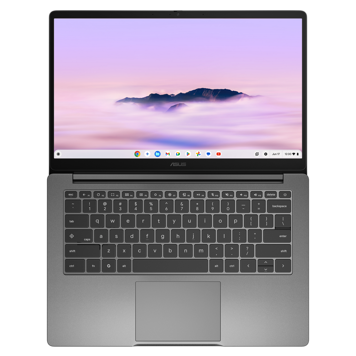 Vista frontal de una laptop Asus gris con una pantalla encendida que muestra un paisaje montañoso.