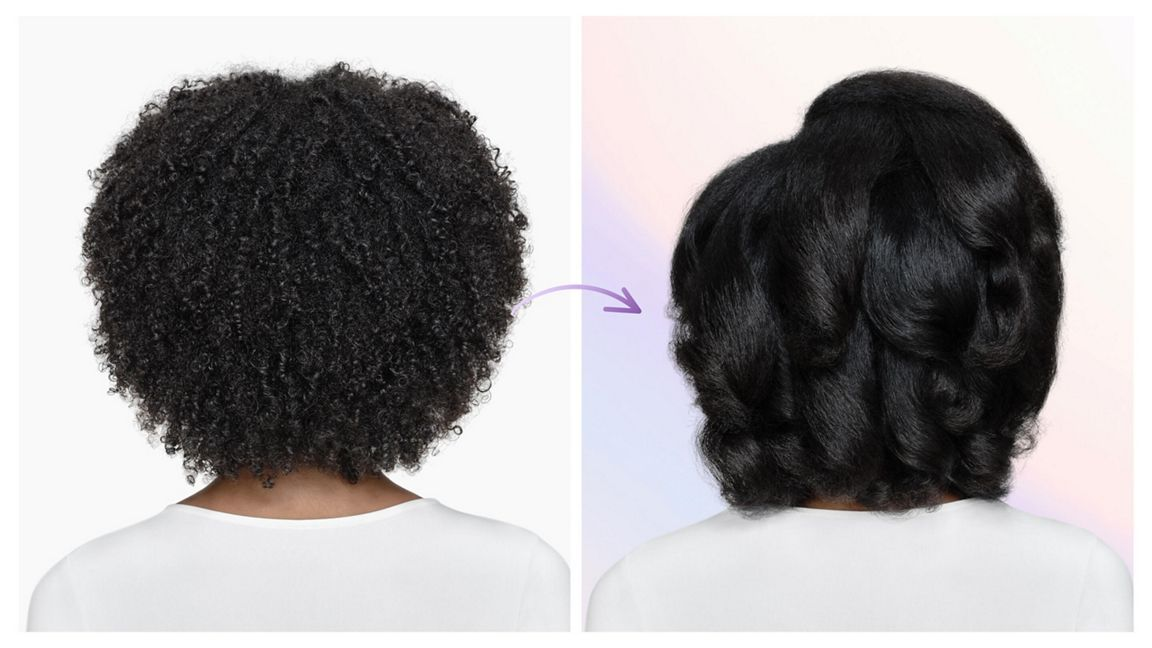 Vorher-Nachher-Vergleich zeigt starkes, lockiges Haar im Vergleich zu geglättetem Haar.