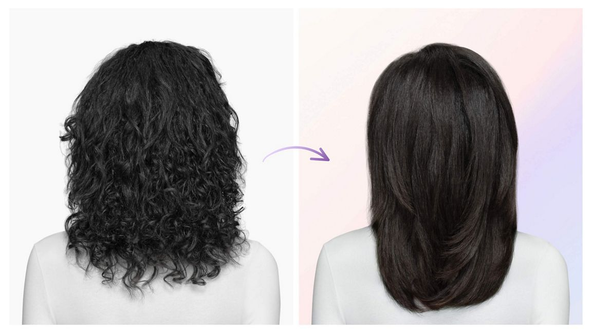 Vergleichsbild: Schwarzes lockiges Haar links wird durch einen Pfeil zu glattem Haar rechts transformiert.
