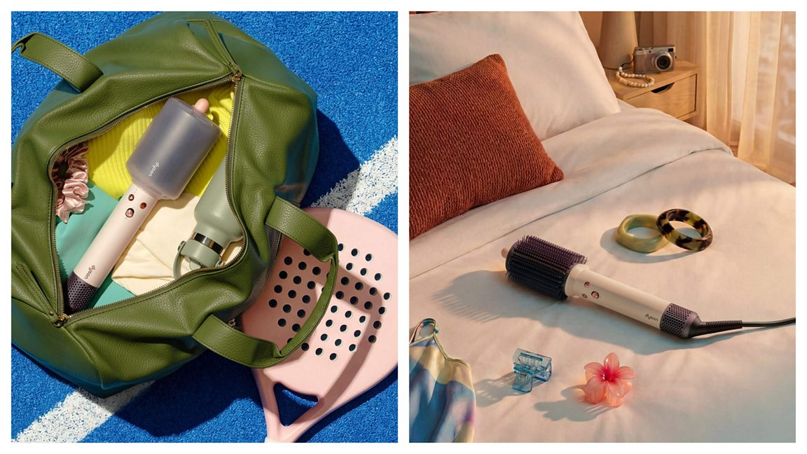 Eine grüne Reisetasche mit Fön auf blauem Grund und ein Haartrockner auf einem Bett.