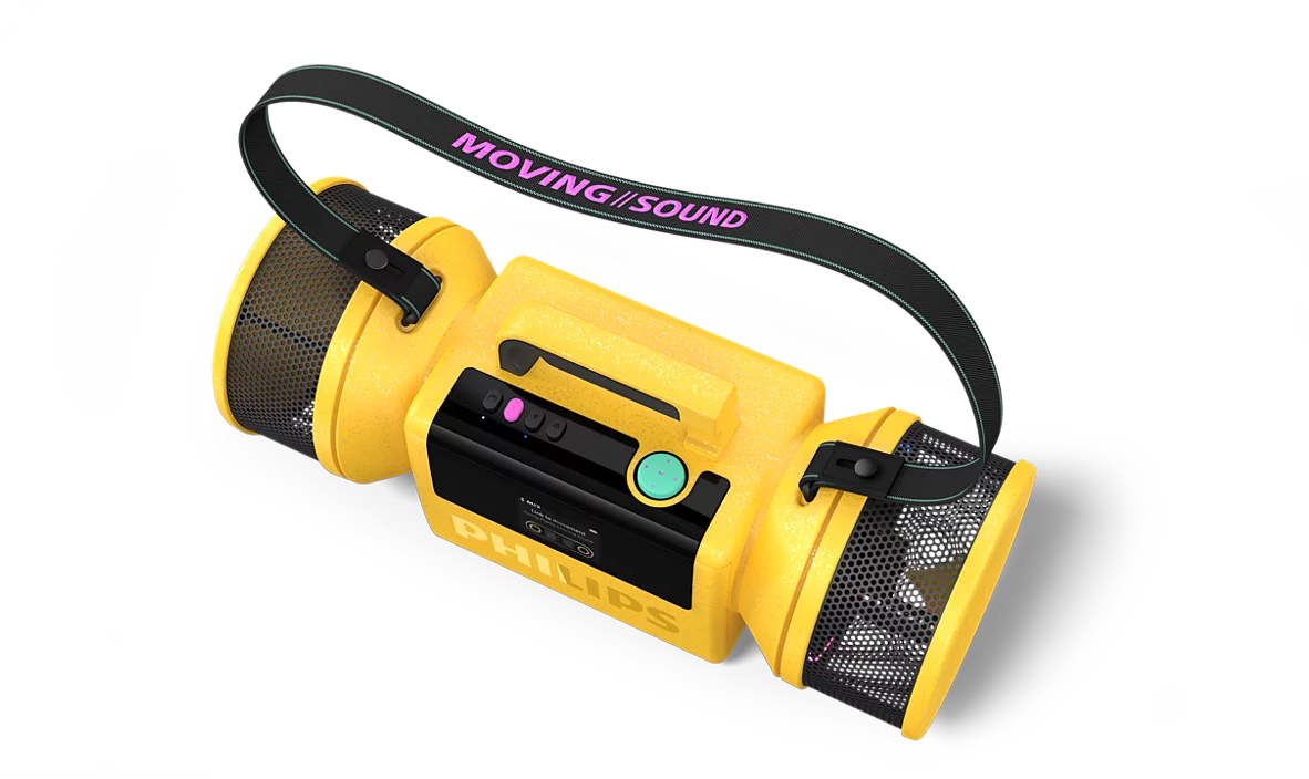 Sárga hordozható Philips hangszóró fekete szíjjal, MOVING SOUND felirattal, fekete háttér előtt.