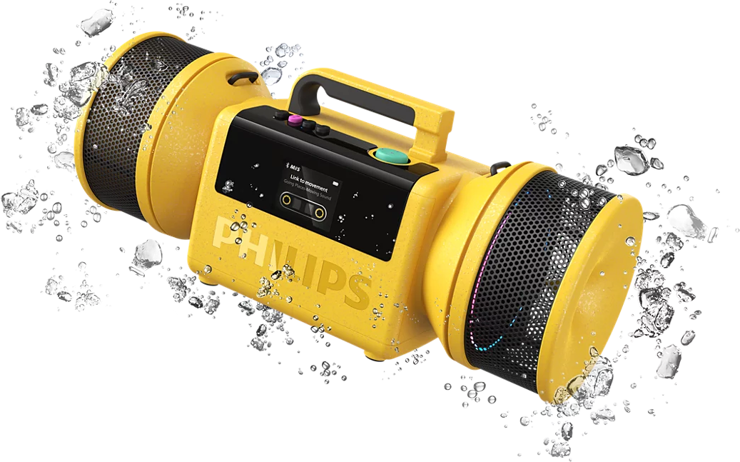 Egy sarga Philips vezetek nelkuli hangszoro vizcseppekkel korulveve fekete hatterben.