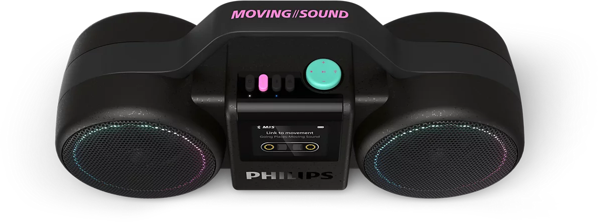 Fekete Philips Moving Sound hordozható hangszóró kerek hangszórókkal, színes fényekkel és felső gombokkal.
