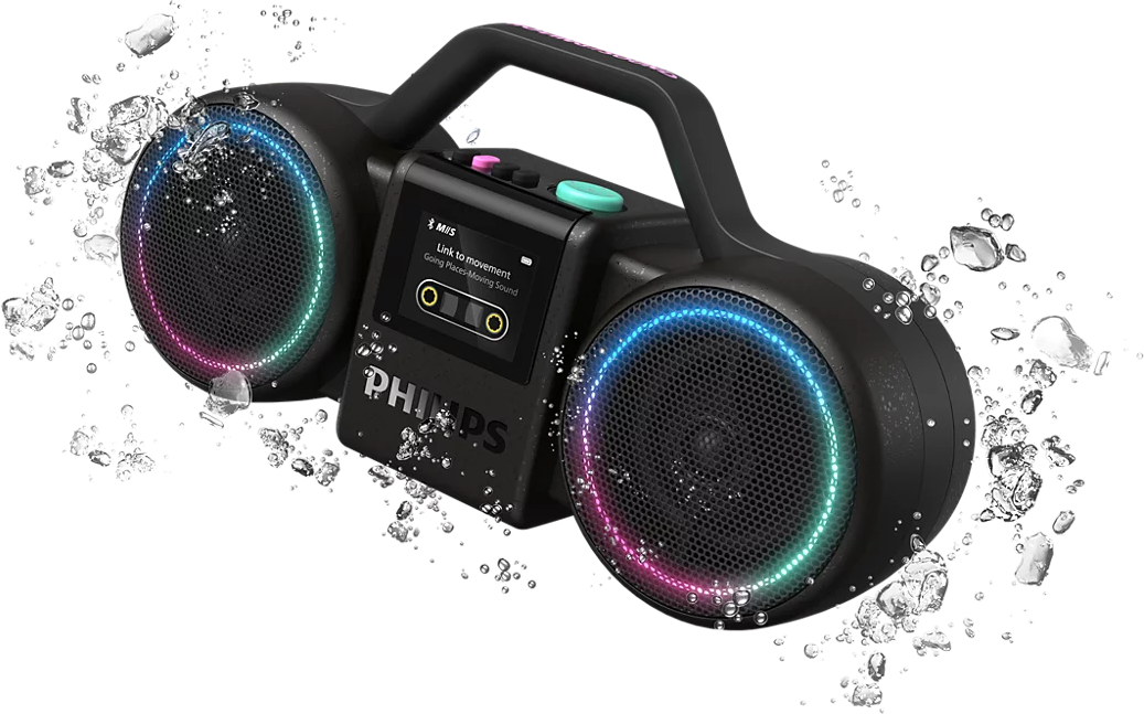 Egy fekete Philips boombox LED fényekkel a hangszórók körül, vízbuborékokkal körülvéve.