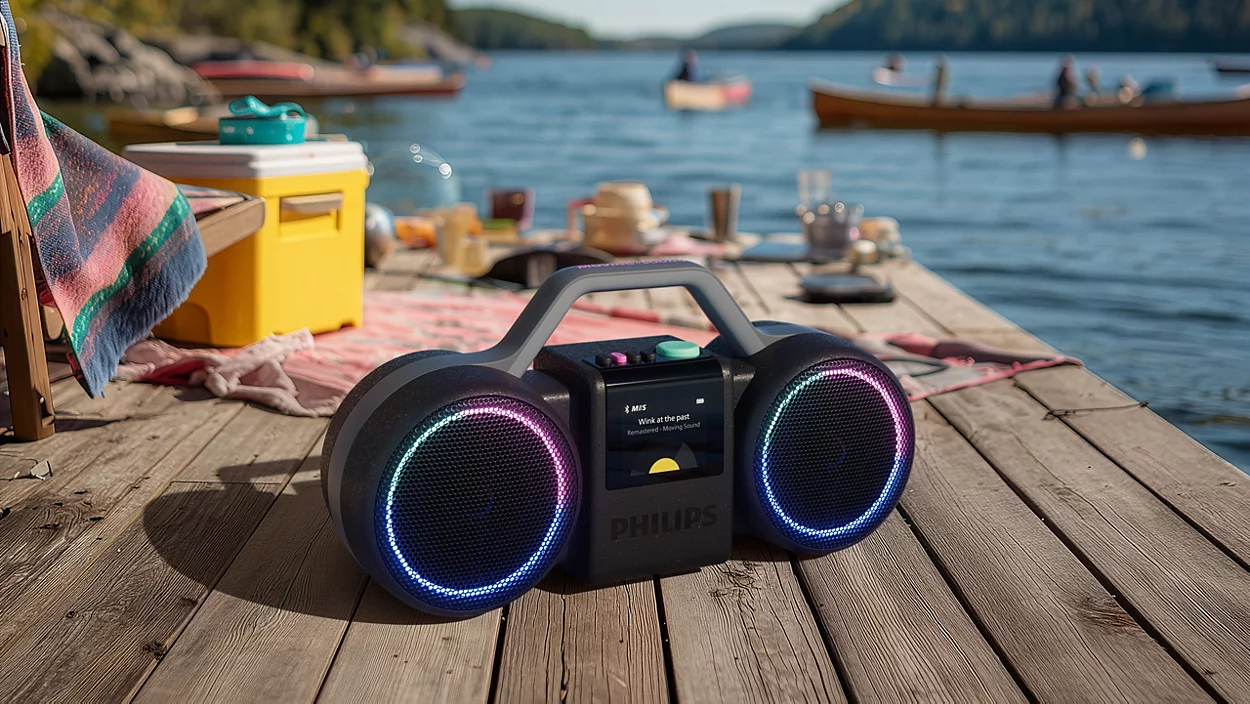 Egy fekete Philips hordozható hangszóró világító kék LED gyűrűkkel egy fapallón áll.