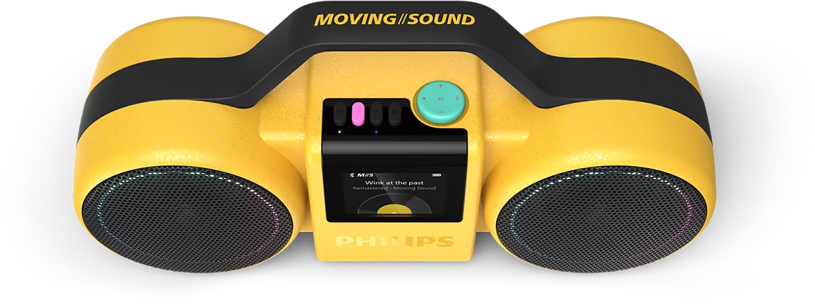 Egy sárga Philips retro boombox hangszóró kijelzővel, vezérlőgombokkal és fekete fogantyúval fekete háttér előtt.