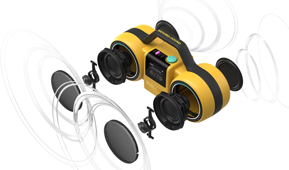 Egy sárga-fekete Philips boombox hangszóró robbantott nézete hanghullámokkal fekete háttér előtt.