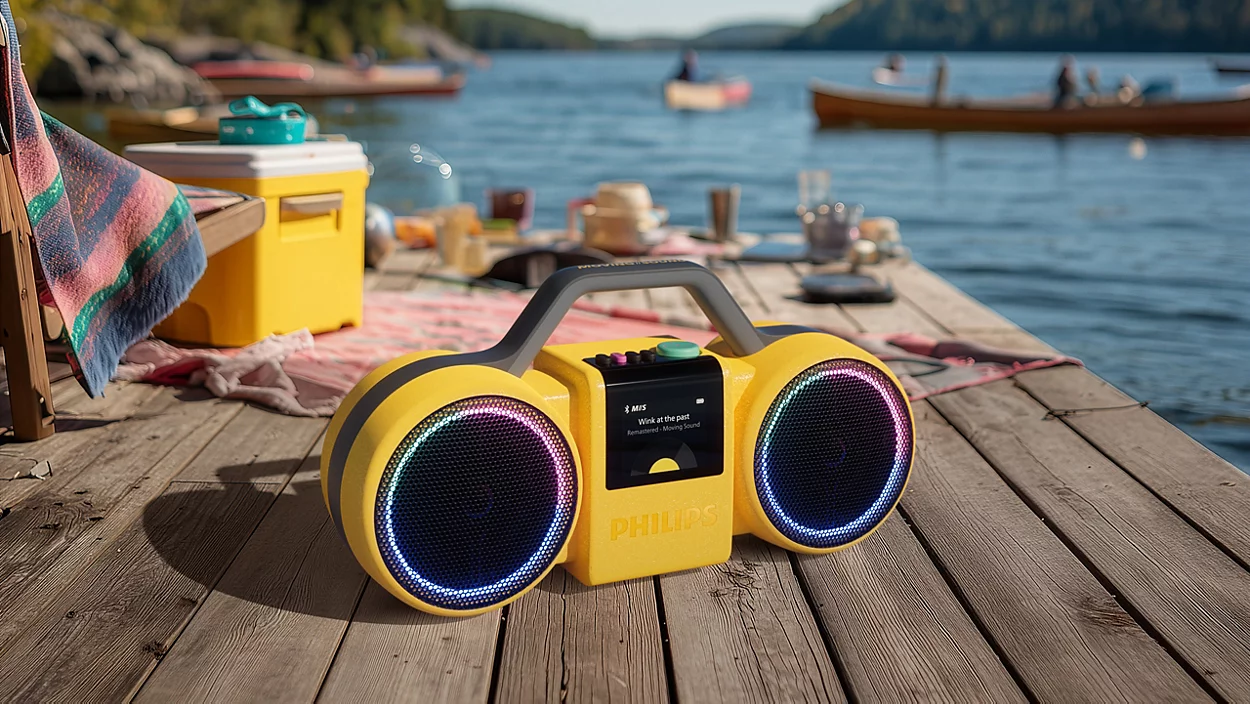 Egy sárga Philips Bluetooth hangszóró fényekkel egy fából készült stégen a tó mellett.