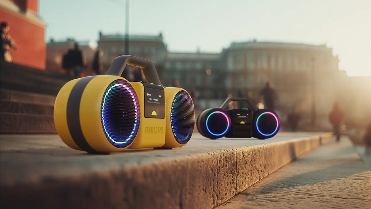 Két sárga Philips boombox színes fényekkel kőlépcsőn áll a napfényben.